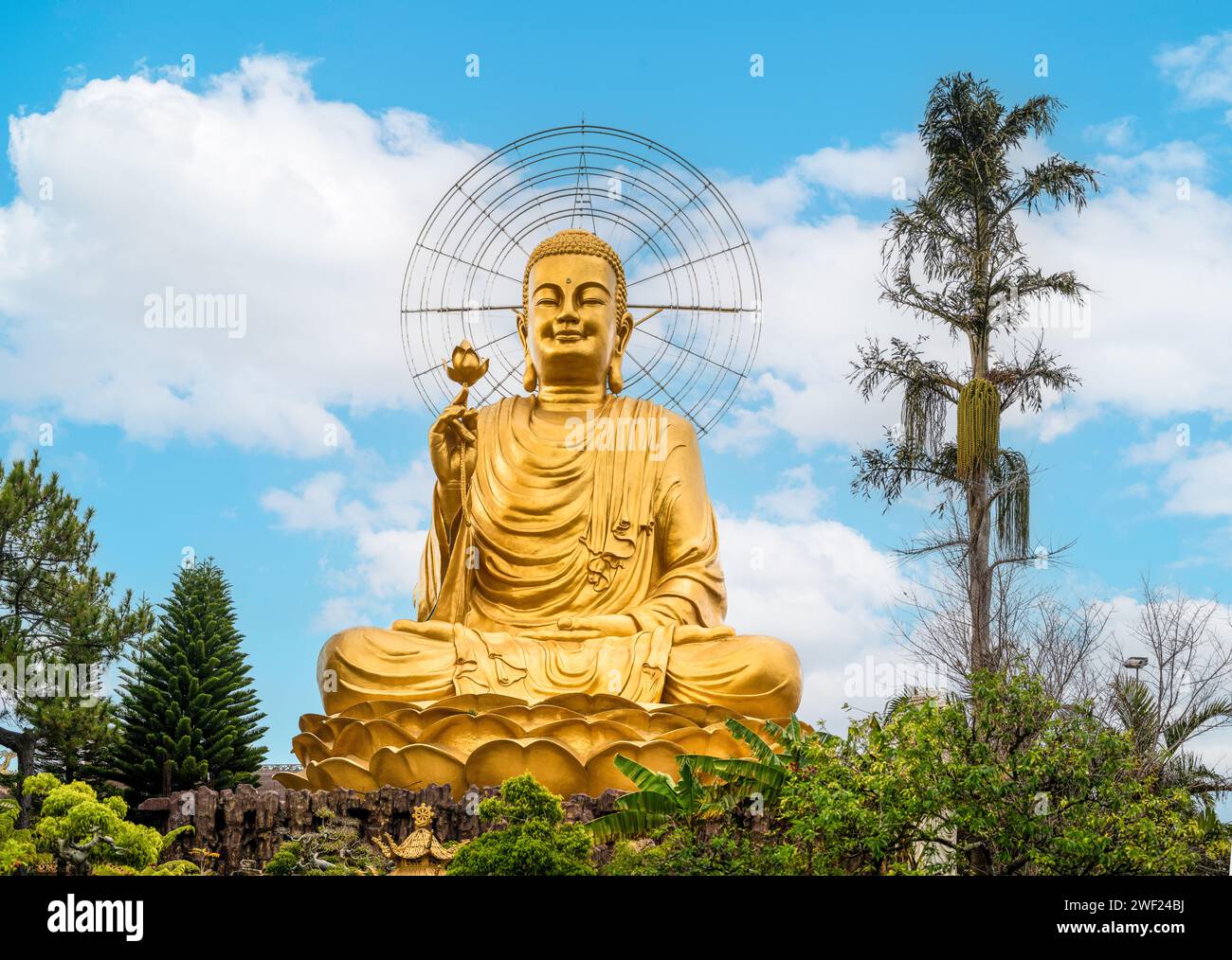 Magnifique statue de Bouddha doré attire l'attention. Avec le lotus tenu en main, la statue se dresse comme symbole de l'illumination et de la paix intérieure. capteur de rayonnement Banque D'Images