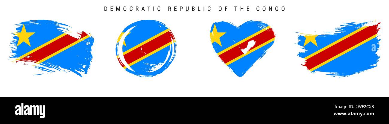 Ensemble d'icônes de drapeau de style grunge dessinées à la main par DR Congo. Bannière Congo aux couleurs officielles. Forme de trait de pinceau libre, cercle et en forme de coeur. Vecteur plat illustr Illustration de Vecteur