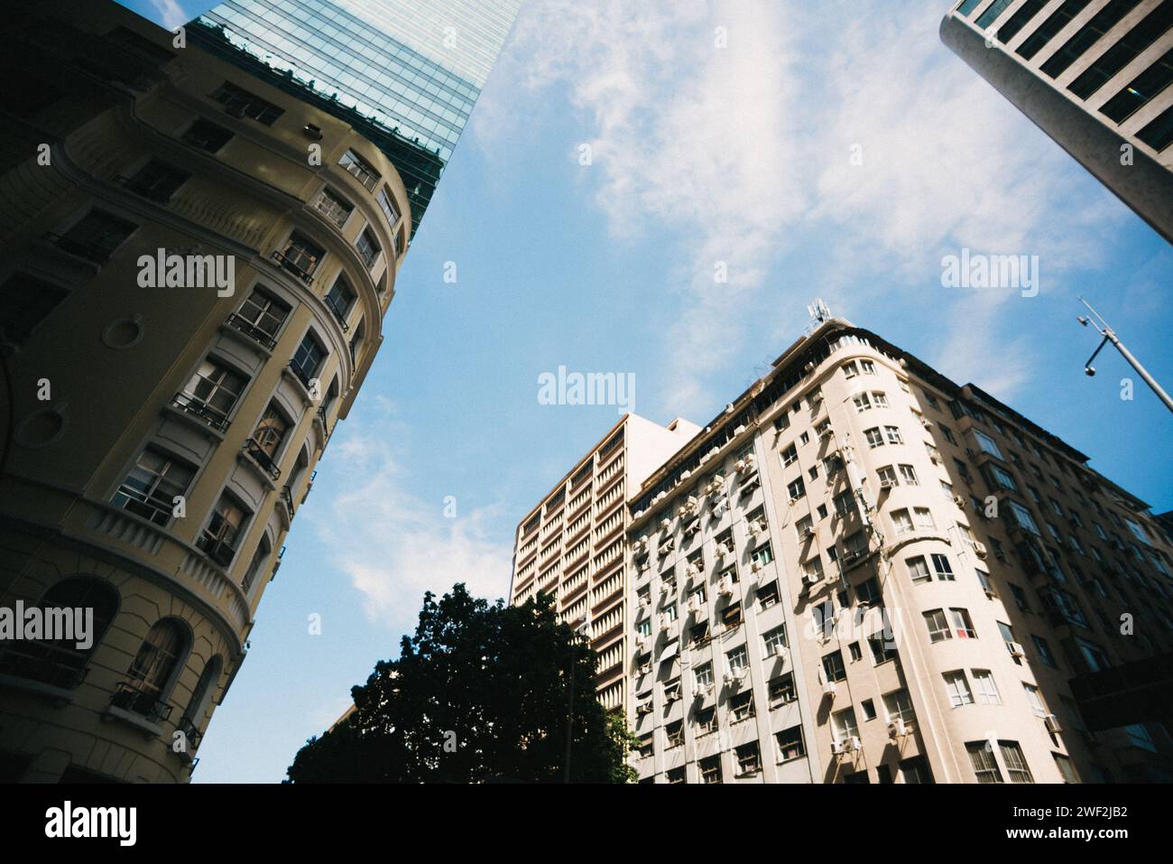 Un ciel bleu vif contraste avec les imposants bâtiments de la ville, mettant en valeur leur hauteur impressionnante Banque D'Images