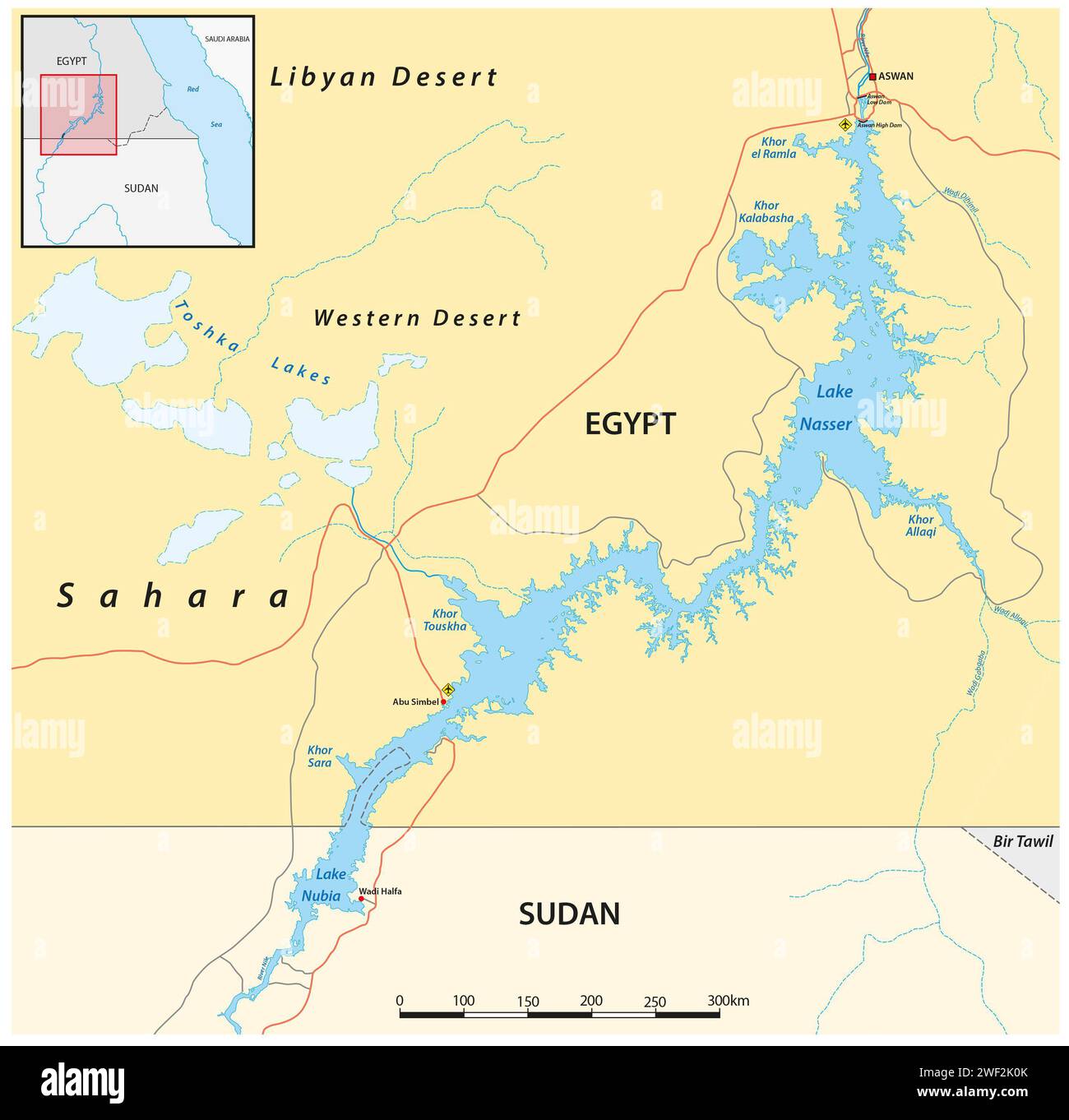 Carte vectorielle du réservoir du lac Nasser Égypte Soudan Banque D'Images
