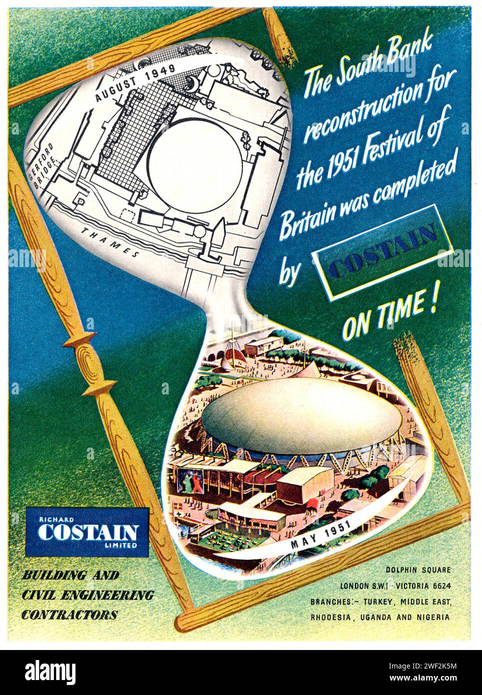 Publicité pour la construction de Costain dans le programme d'exposition Southbank du Festival de Grande-Bretagne, 1951, Costrain était l'entrepreneur principal pour la construction de l'exposition Banque D'Images