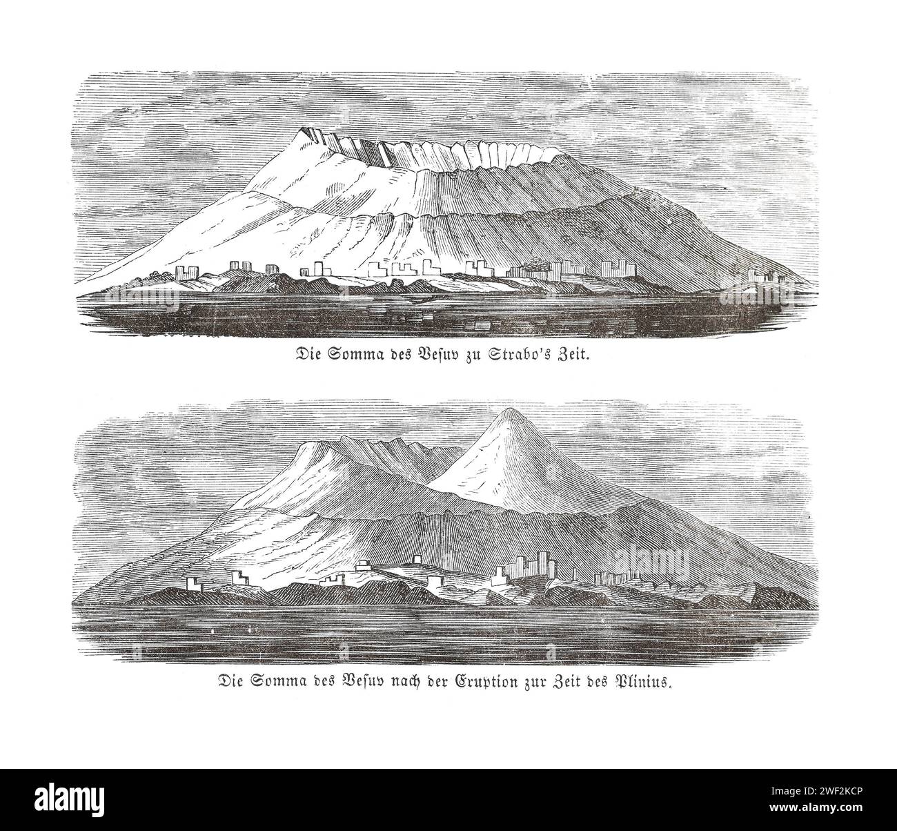 Comparaison de deux vues d’un cratère volcanique, Vésuve, Vésuve ou Vésuve, dessin noir et blanc, illustration, lithographie, géologie, volcanologie Banque D'Images