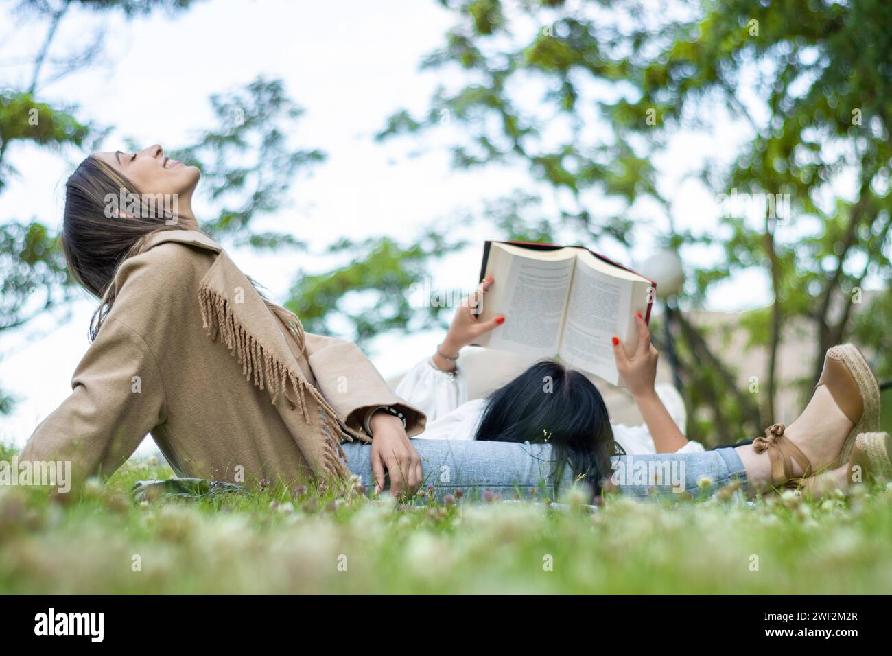 Vue latérale de deux amies détendues profitant d'une journée ensemble dans le parc tout en prenant l'air frais et en lisant un livre Banque D'Images