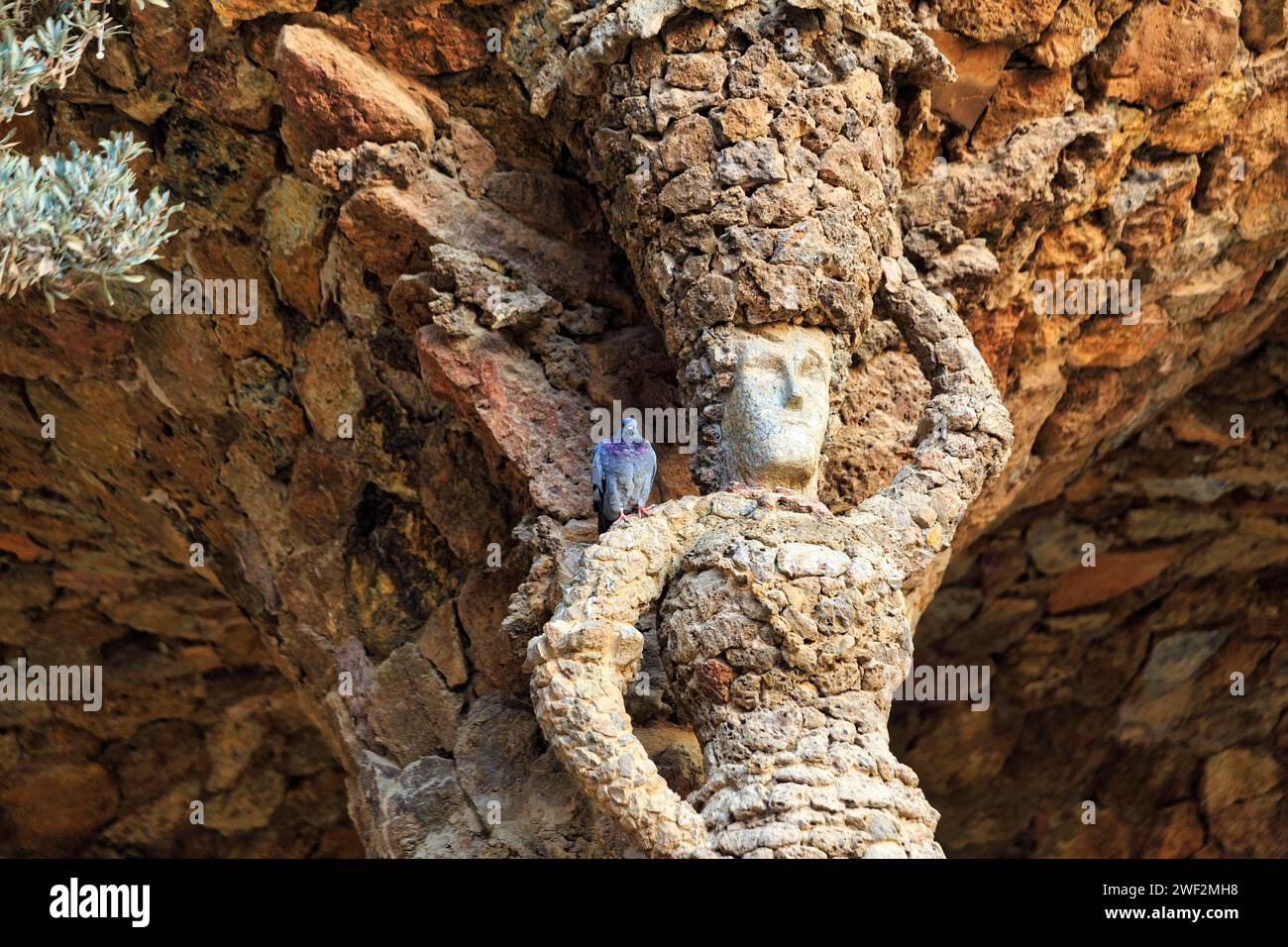 Colombe assise sur l'épaule d'une sculpture en pierre, portique de la laveuse, colonnade dans le parc Gueell, Barcelone, Espagne Banque D'Images