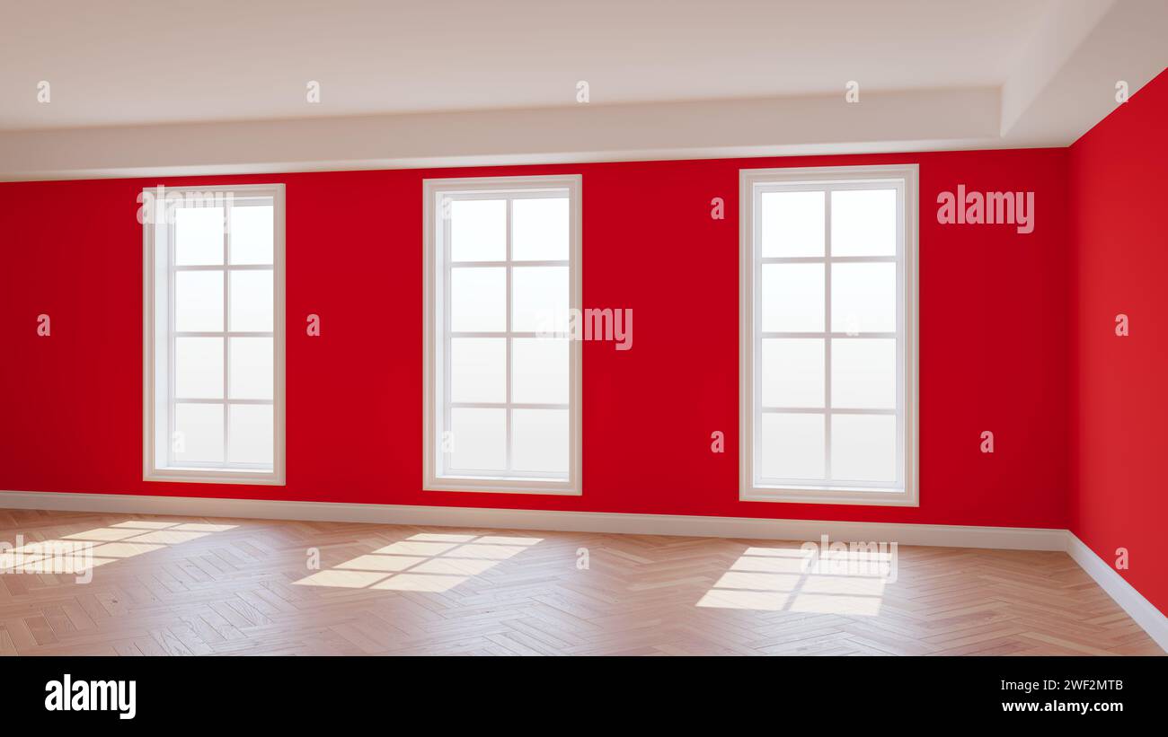 Intérieur rouge vide avec trois grandes fenêtres, parquet à chevrons brillant clair et plinthe blanche. Beau concept de la chambre vide. Rendu 3D. Banque D'Images