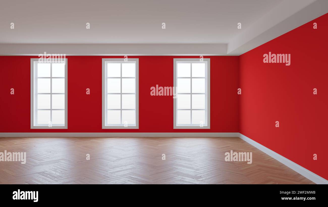 Intérieur avec murs rouges, plafond blanc et Conrnice, trois grandes fenêtres, parquet à chevrons et un Plinth blanc. Beau concept du RO Banque D'Images