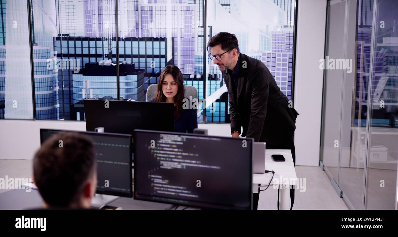 Équipe commerciale travaillant sur ordinateur. Développement d'applications logicielles Banque D'Images