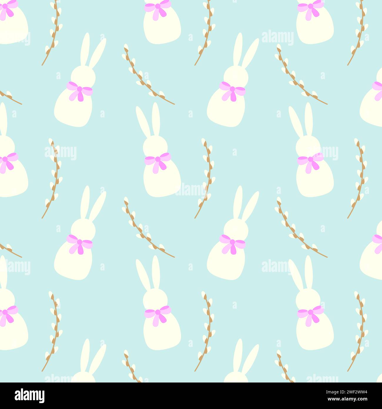 Motif répétitif mettant en vedette des lapins blancs avec des noeuds roses et des branches de saule marron sur fond de couleurs pastel bleu, généralement utilisé pour Pâques festif Illustration de Vecteur