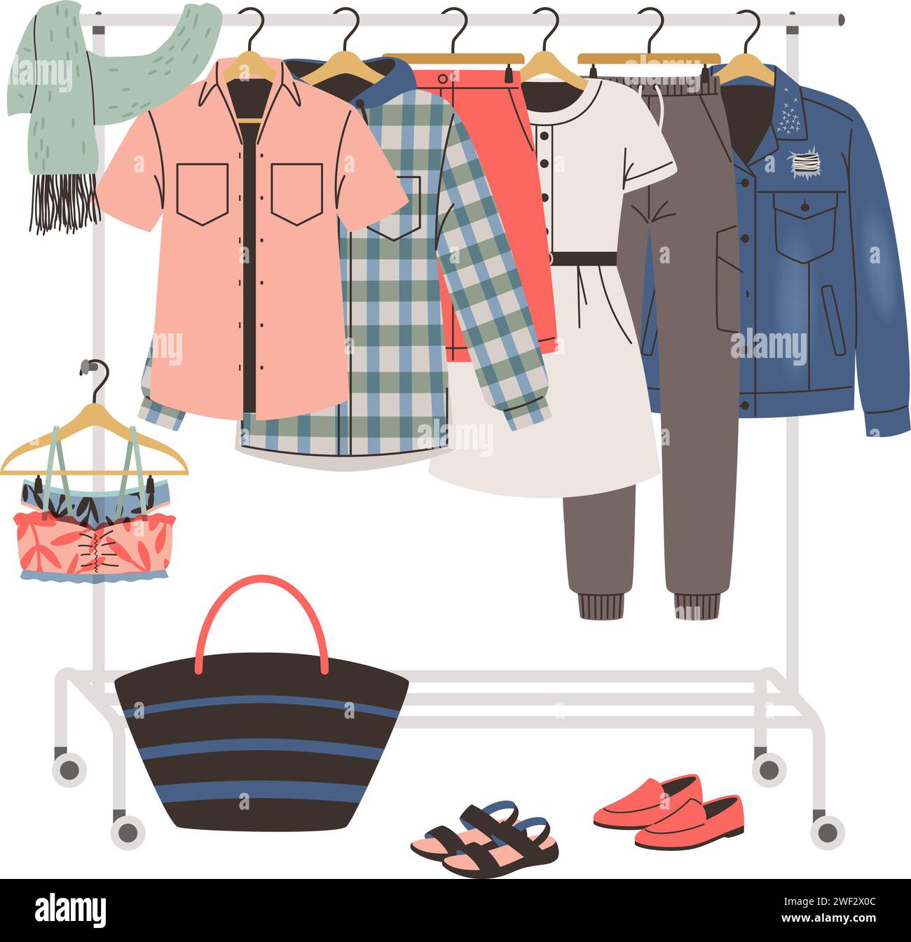 Cintre avec un ensemble de vêtements et accessoires pour femmes dans un vecteur de style sportif de vêtements habillés de mode ensemble, collection d'illustrations de vêtements Illustration de Vecteur