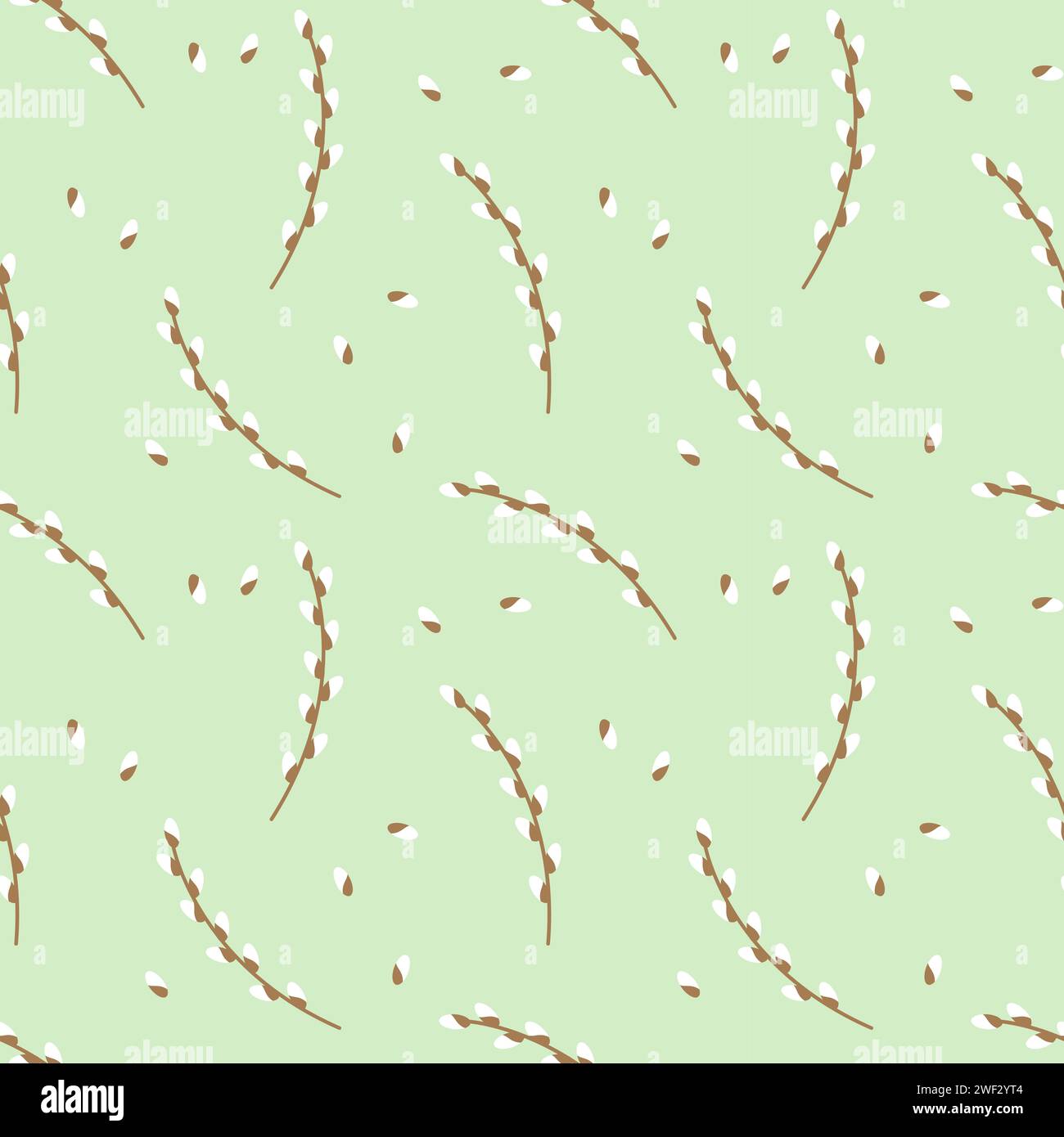 L'image vectorielle présente un motif répétitif de branches de saule orné de petits bourgeons sur fond vert pastel doux, évoquant le sens du printemps. Illustration de Vecteur