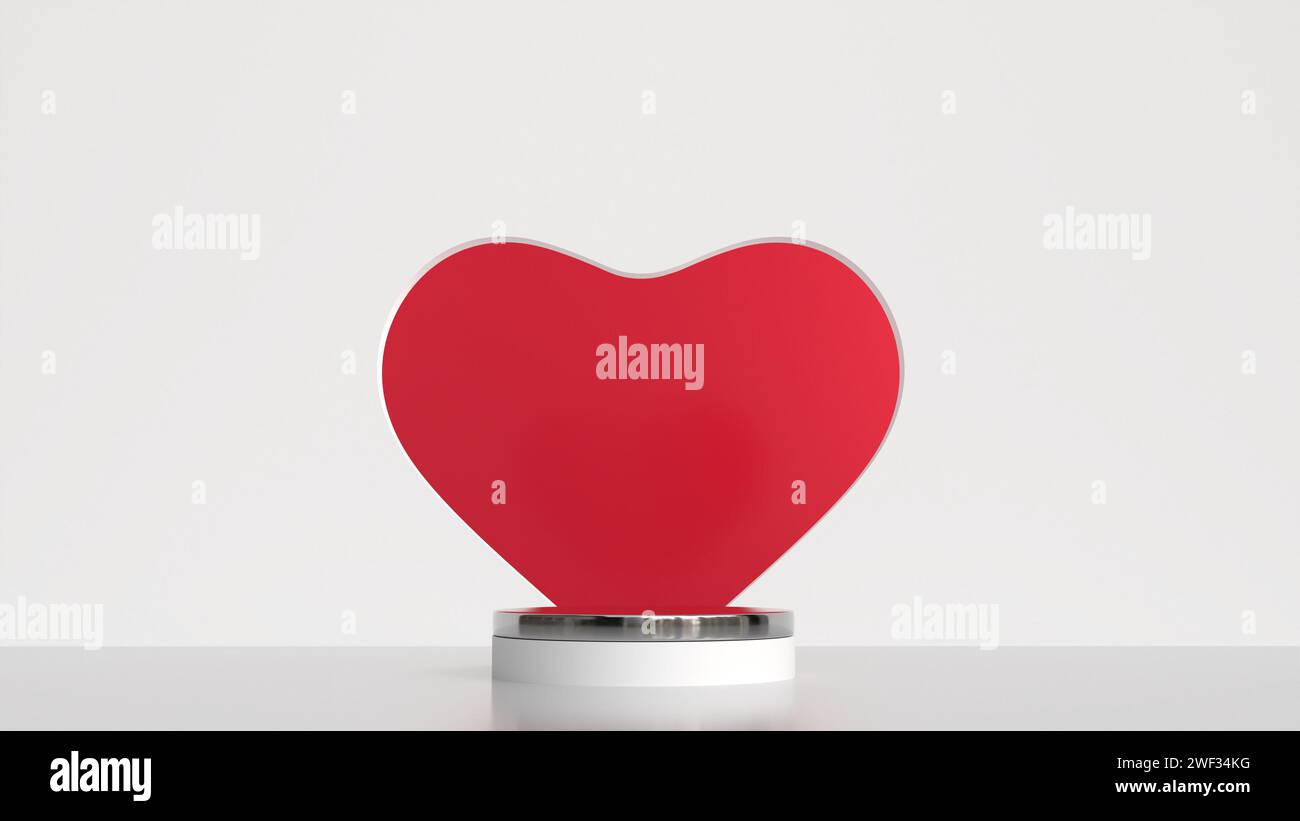 Vide podium attrayant avec effet argenté pour la promotion des produits de la Saint Valentin annonces en ligne sur les médias sociaux, belle toile de fond d'amour de couleur rouge isolé Banque D'Images
