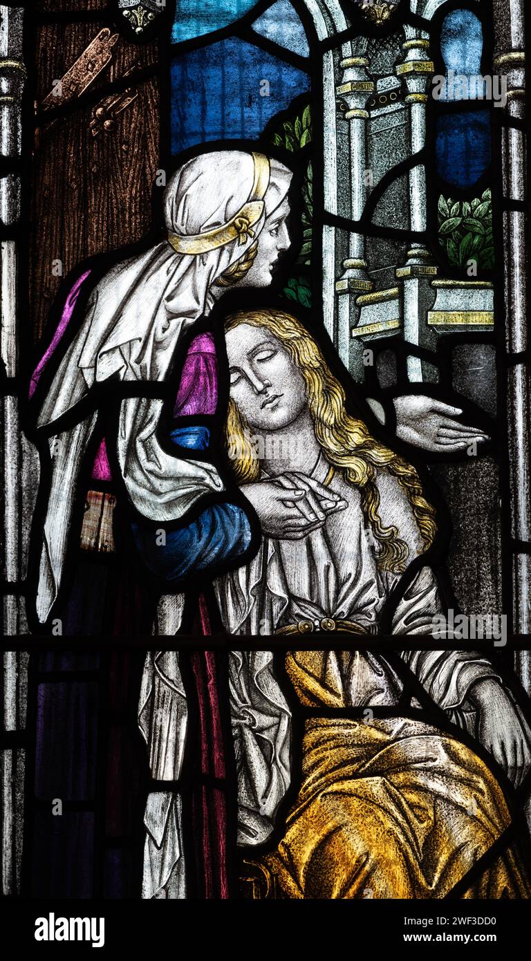Femme invalide vitrail, St. Margaret’s Church, Wolston, Warwickshire, Angleterre, Royaume-Uni Banque D'Images