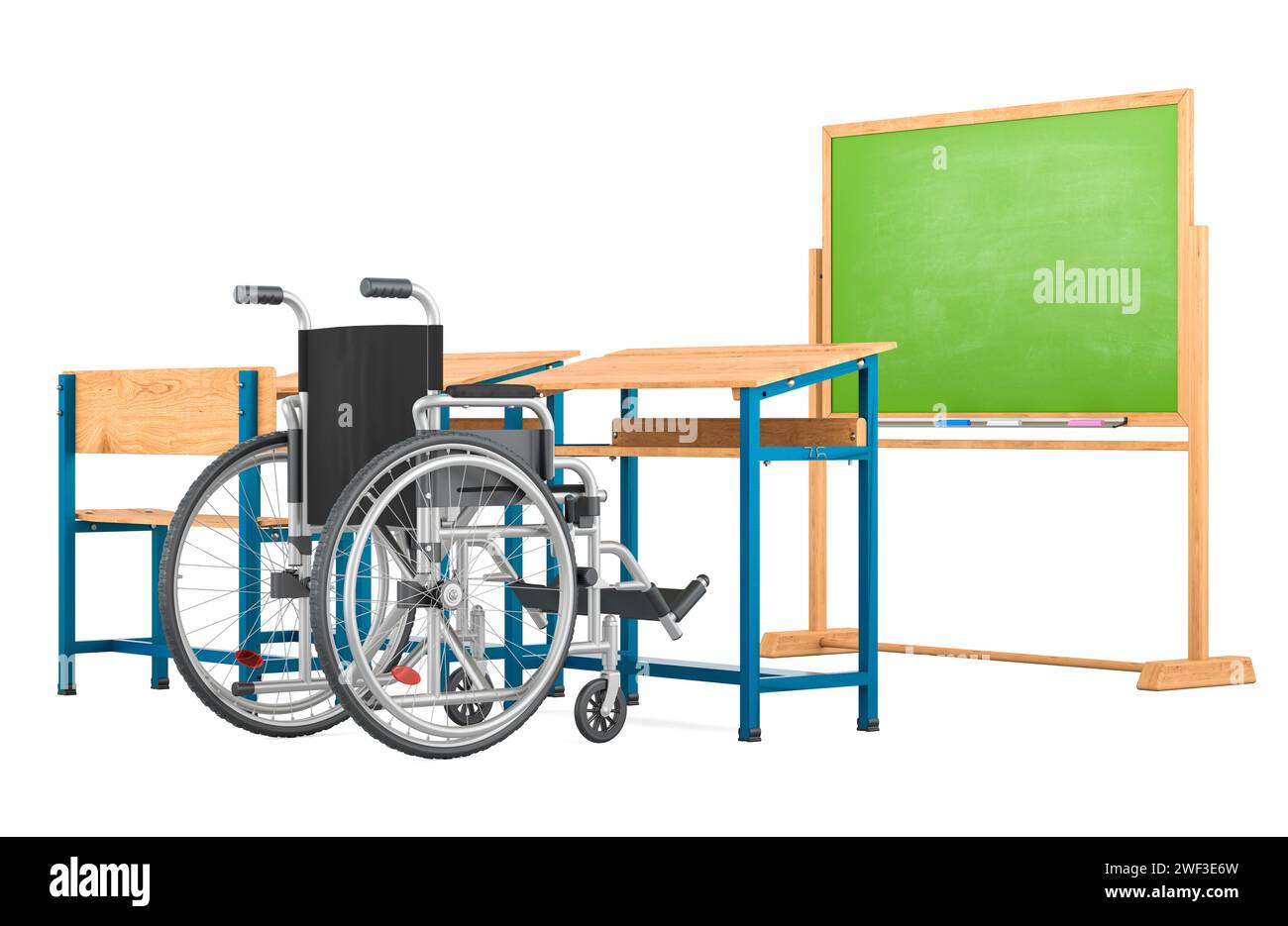 Éducation inclusive, concept. Fauteuil roulant avec tableau noir et pupitres d'école. Rendu 3D isolé sur fond blanc Banque D'Images
