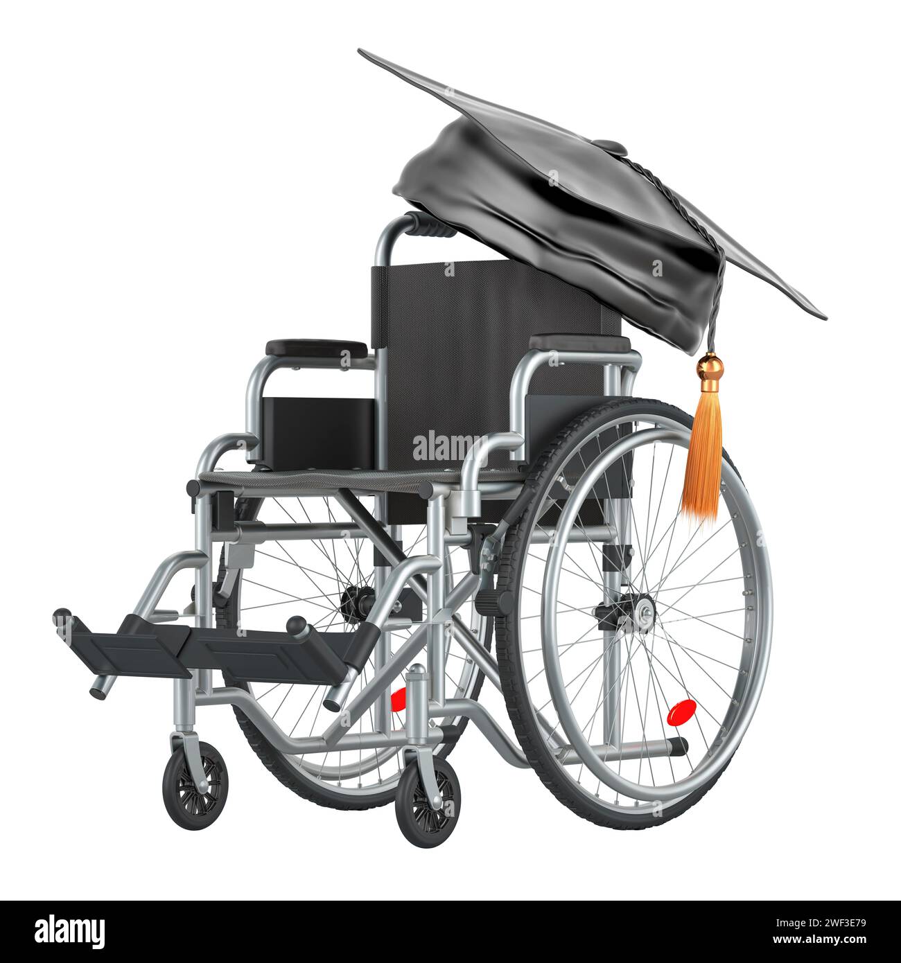 Fauteuil roulant avec capuchon de graduation. Concept d'éducation inclusive. Rendu 3D isolé sur fond blanc Banque D'Images