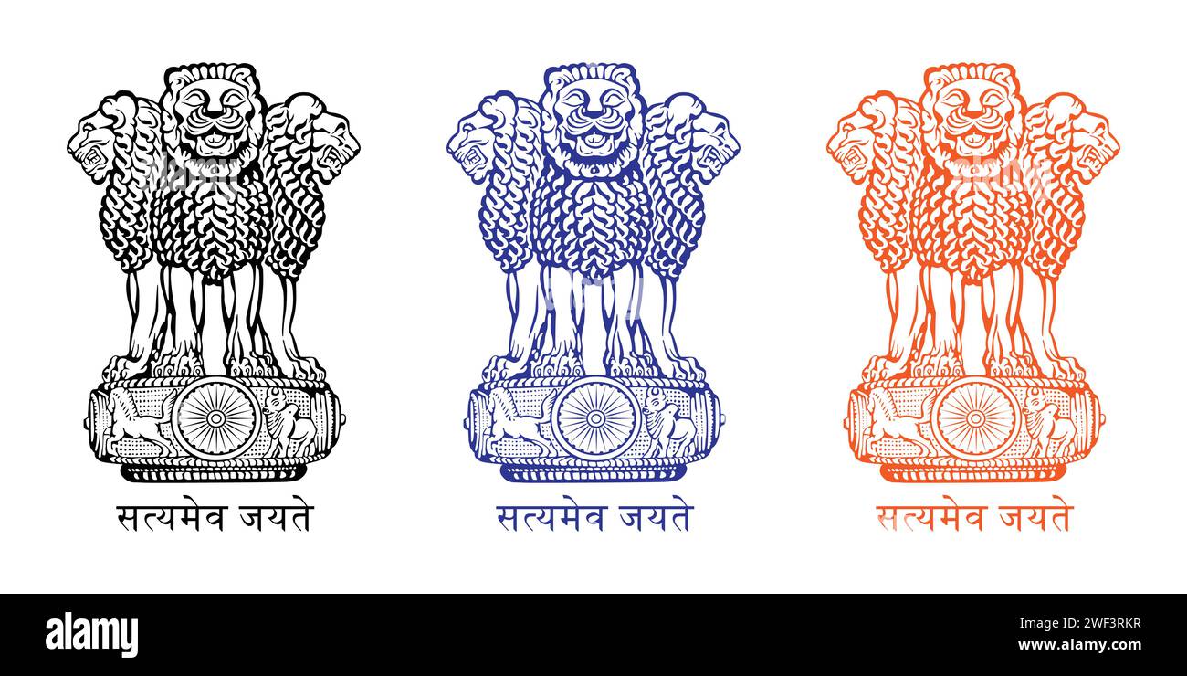 Ashok Piller Satyameva Jayate symbole jeu d'icônes. Emblème de l'Inde. Symbole Ashok Stambh en noir, bleu et rouge isolé sur fond blanc. Illustration de Vecteur