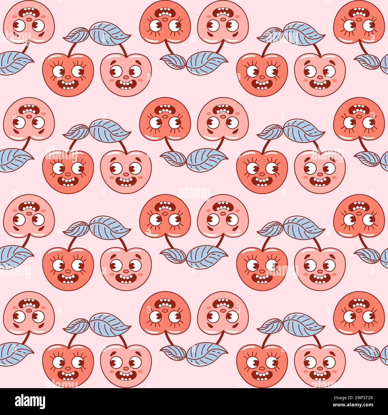 Cherry, un personnage de dessin animé rétro mignon. Groovy vintage modèle sans couture d'été. Style ancien à la mode. 1970s. Couple amoureux, Saint Valentin. fruits. Healt Illustration de Vecteur