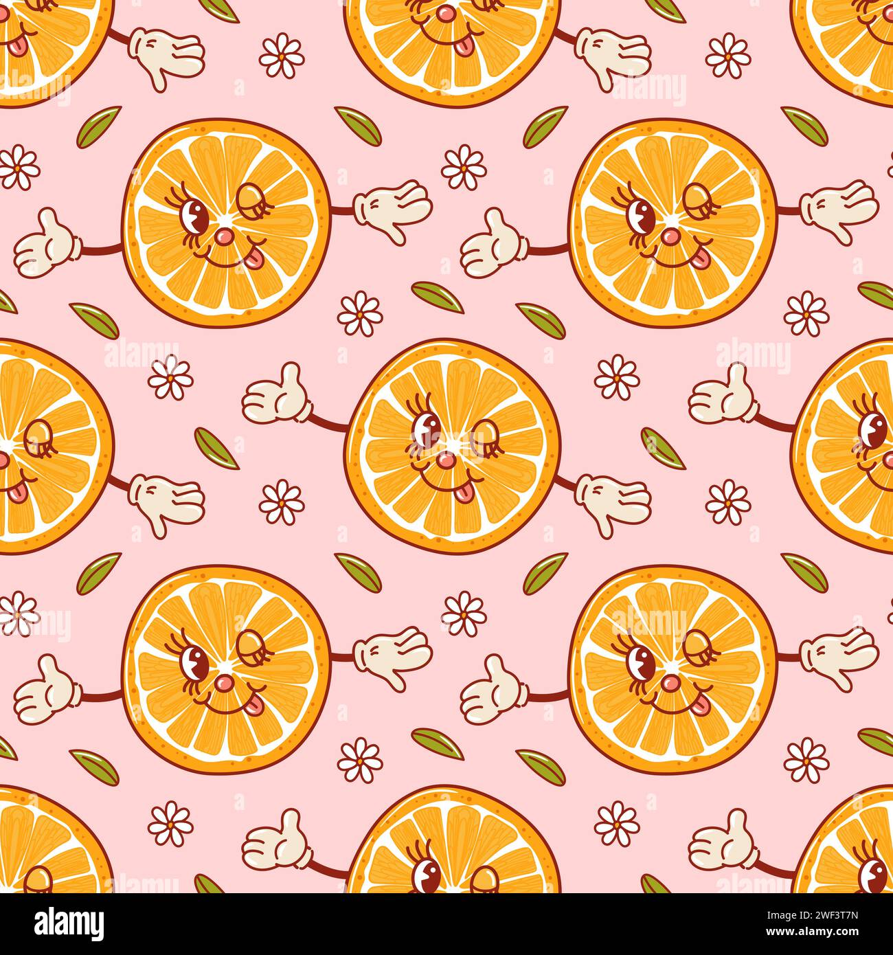 Orange un personnage de dessin animé rétro mignon. Groovy vintage modèle sans couture d'été. Style ancien à la mode. 1970s. Fruits exotiques tropicaux. Nourriture saine. Pour le menu Illustration de Vecteur