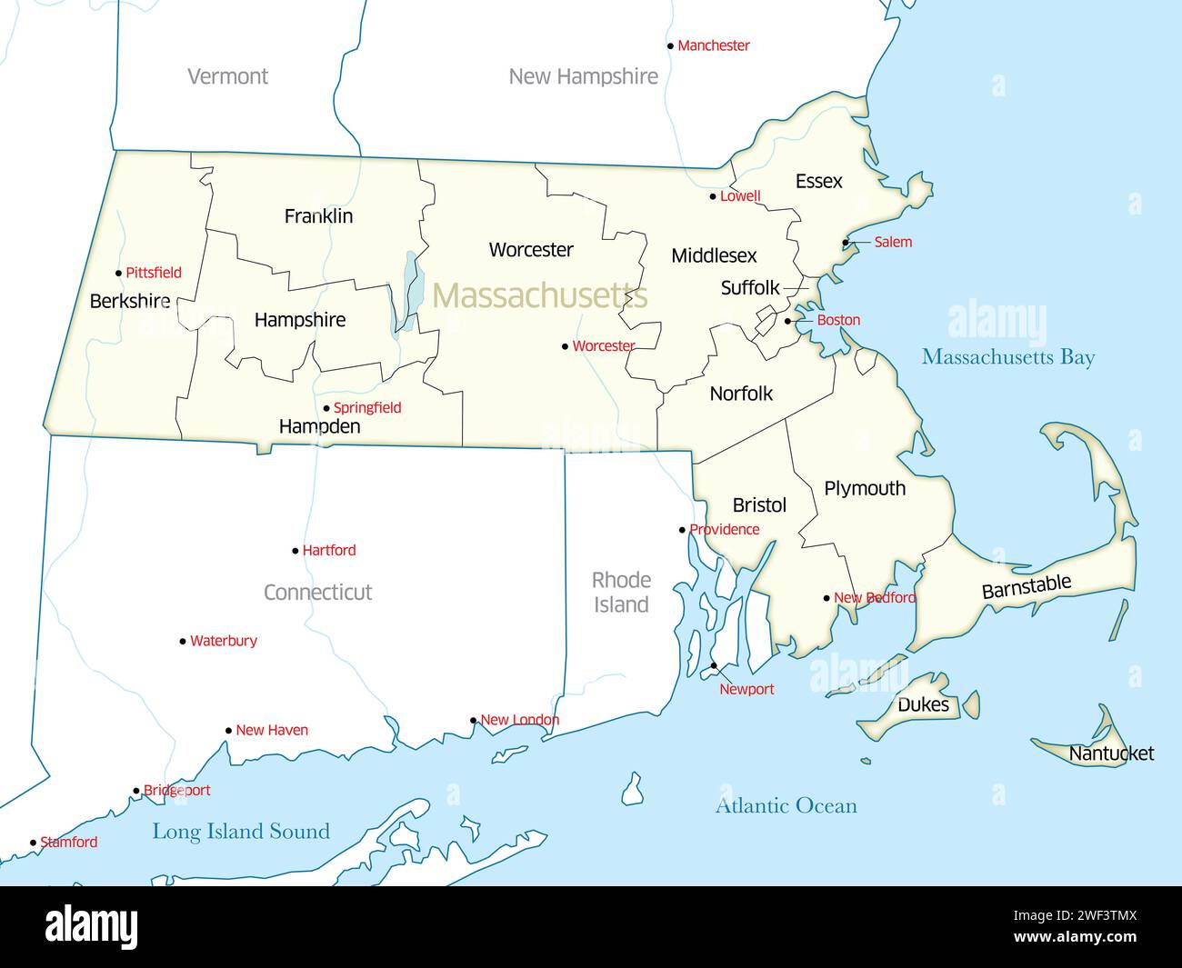 Carte politique montrant les comtés de l'État du Massachusetts. Banque D'Images