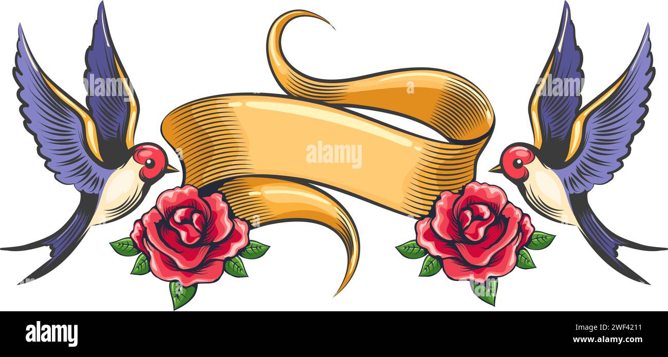 Hirondelles et ruban de tatouage Old School Illustration de Vecteur