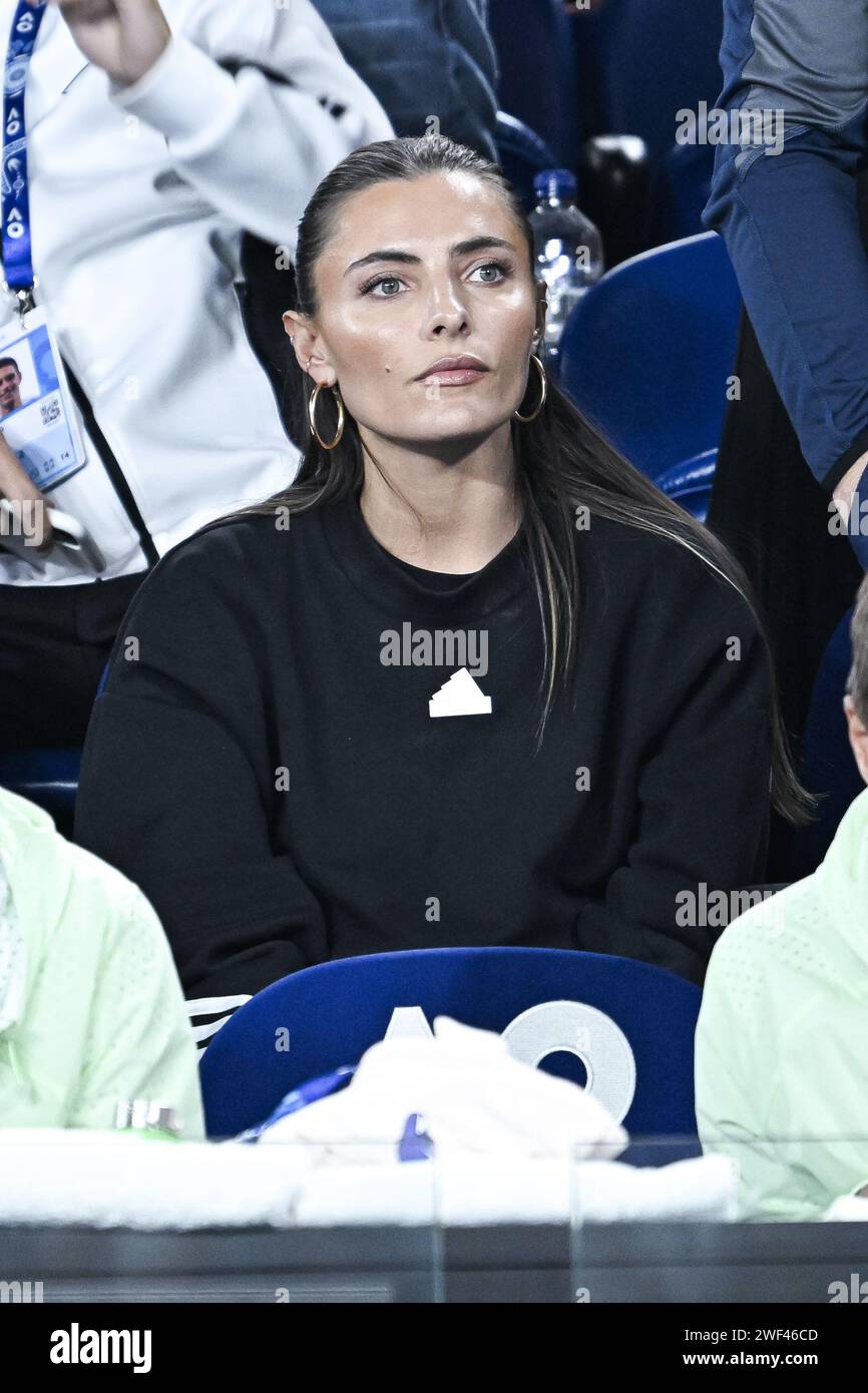 Sophia Thomalla petite amie de Sascha Alexander Zverev dans sa boîte de joueur lors du tournoi de tennis Australian Open AO 2024 Grand Chelem le 26 janvier 2024 au Melbourne Park à Melbourne, en Australie. Photo Victor Joly / DPPI Banque D'Images