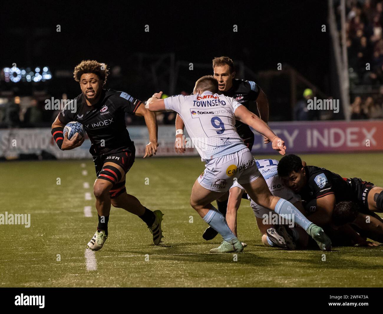 Saracens Andy Christie et Exeter Chiefs Andy Christie en action lors des Saracens vs Exeter Chiefs, Stone X Stadium, Barnet, Londres Royaume-Uni le 26 janvier 2024. Photo de Gary Mitchell Banque D'Images