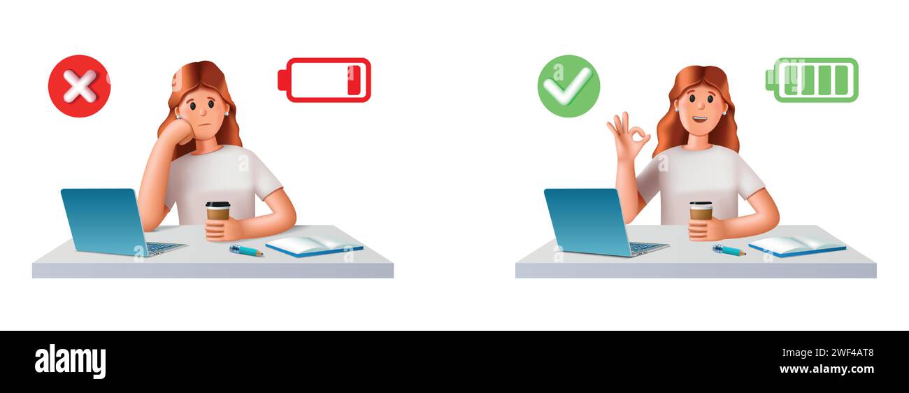 personne de travail 3d. Les gens fatigués, les femmes avatar avec l'ordinateur dans le stress ou heureux, employé de bureau ennuyé et plein d'énergie. Syndrome d'épuisement professionnel. Concept commercial d'illustration de rendu de dessin animé vectoriel Illustration de Vecteur