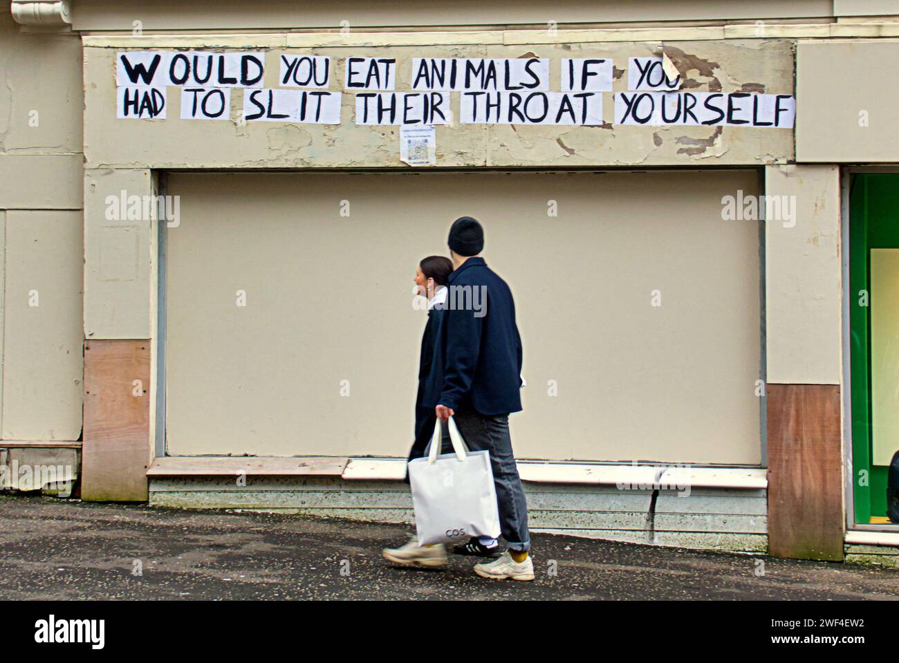 Glasgow, Écosse, Royaume-Uni. 23 janvier 2024. UK Météo : jour misérable reflété dans les rues dystopiques alors que les habitants luttent dans un environnement en décomposition. la viande est un graffitti de meurtre sur la rue sauchiehall. Crédit Gerard Ferry/Alamy Live News Banque D'Images