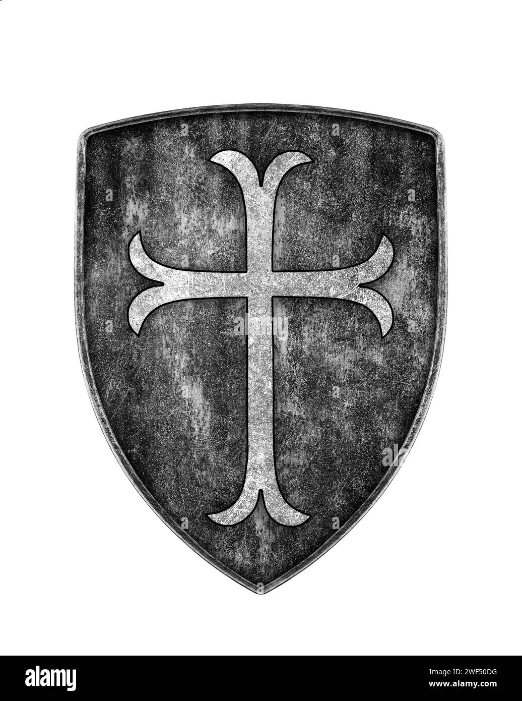 Vieux bouclier de croisés en métal avec croix isolé sur fond blanc Banque D'Images