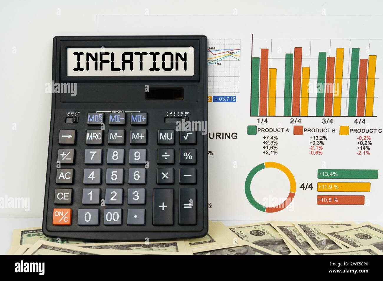 Concept commercial. Sur la table sont des rapports financiers, des dollars et une calculatrice avec l'inscription - inflation Banque D'Images