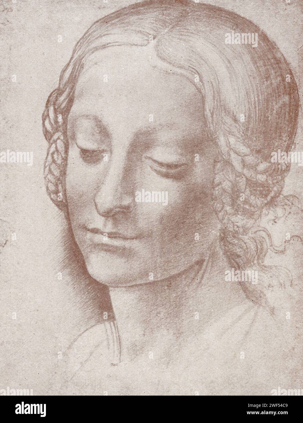 Ce dessin à la main de Léonard de Vinci montre la tête d'une fille. Il est logé dans la bibliothèque à Milan, en Italie. Leonardo di ser Piero da Vinci (1452-1519) était un polymathe italien de la haute Renaissance qui était actif comme peintre, dessinateur, ingénieur, scientifique, théoricien, sculpteur et architecte. Banque D'Images