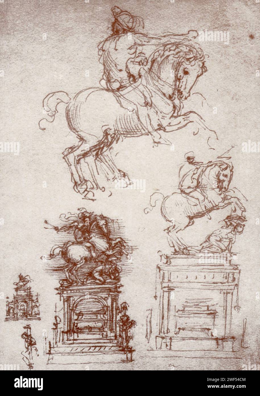 Ces dessins à la main de Léonard de Vinci montrent des brouillons pour un monument de chevalier. Léonard reçut l'ordre à deux reprises d'effectuer une telle mission, d'abord de Ludovico il Moro pour Francesco Sforza et ensuite de Ludwig XII pour Marshall Trivulzio. Leonardo di ser Piero da Vinci (1452-1519) était un polymathe italien de la haute Renaissance qui était actif comme peintre, dessinateur, ingénieur, scientifique, théoricien, sculpteur et architecte. Banque D'Images