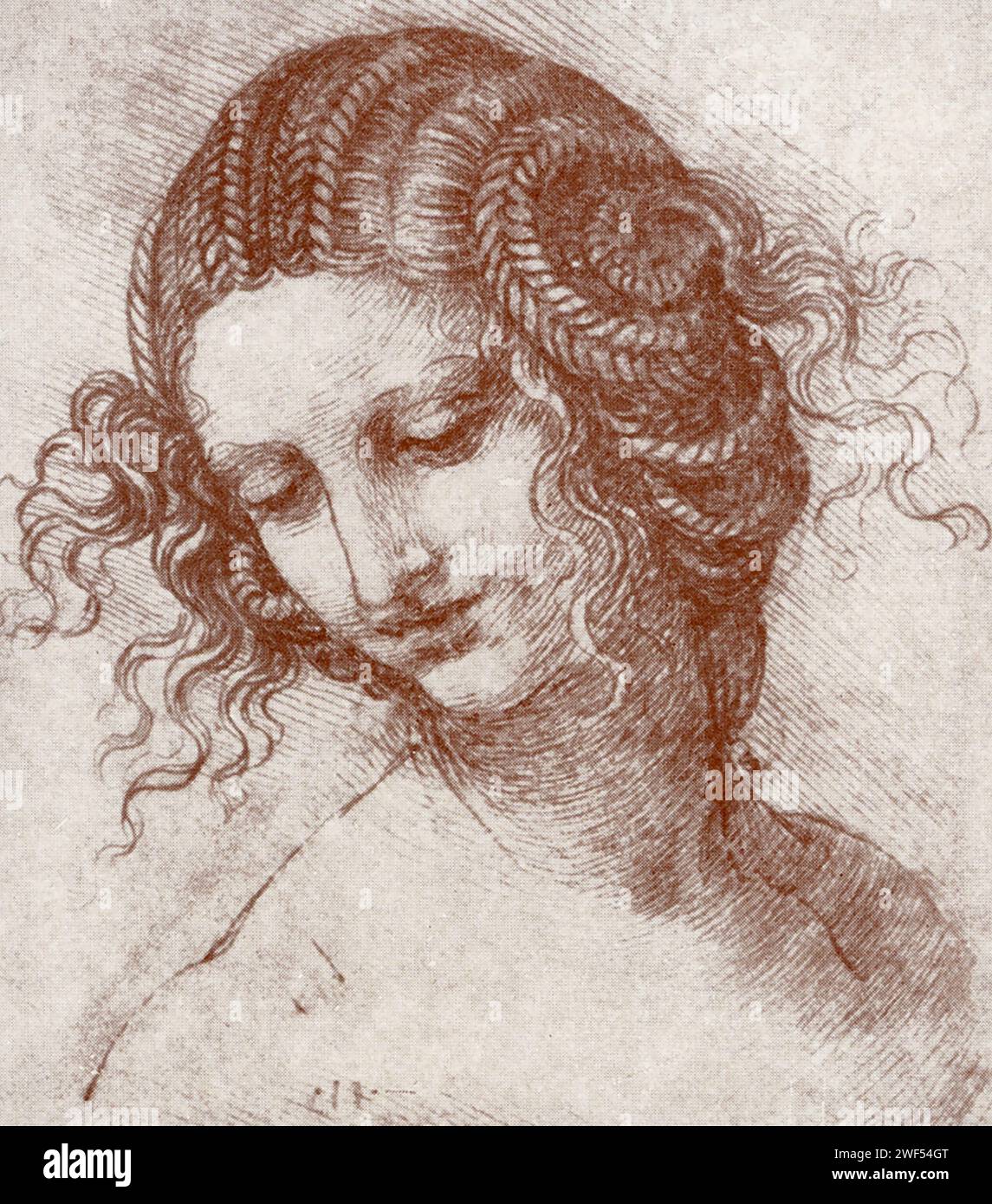 Ce dessin de Léonard de Vinci montre le style de Léonard - dessins miroirs. Ici, une jeune femme est montrée. Leonardo di ser Piero da Vinci (1452-1519) était un polymathe italien de la haute Renaissance qui était actif comme peintre, dessinateur, ingénieur, scientifique, théoricien, sculpteur et architecte. Banque D'Images