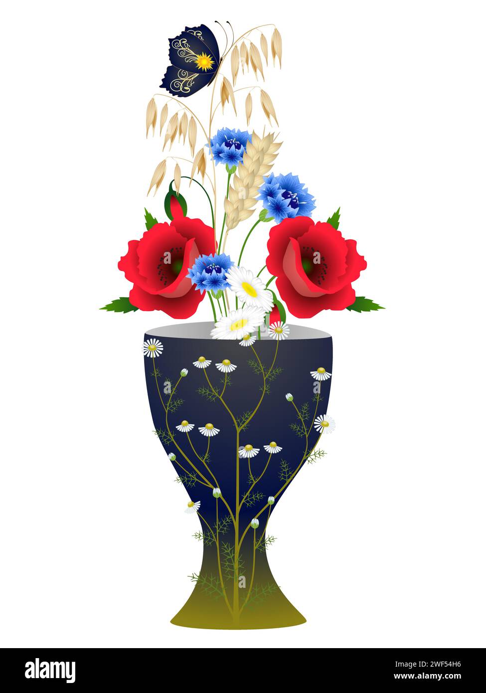 Fleurs sauvages avec un papillon dans un vase sur un fond blanc. Illustration de Vecteur