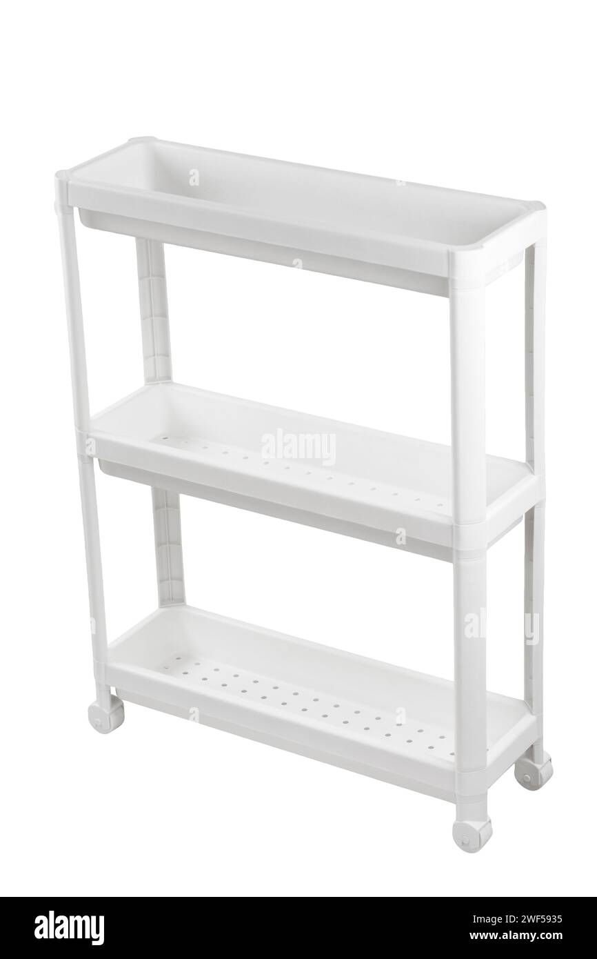 Rack en plastique blanc ou étagère de stockage avec roues isolé sur fond blanc Banque D'Images