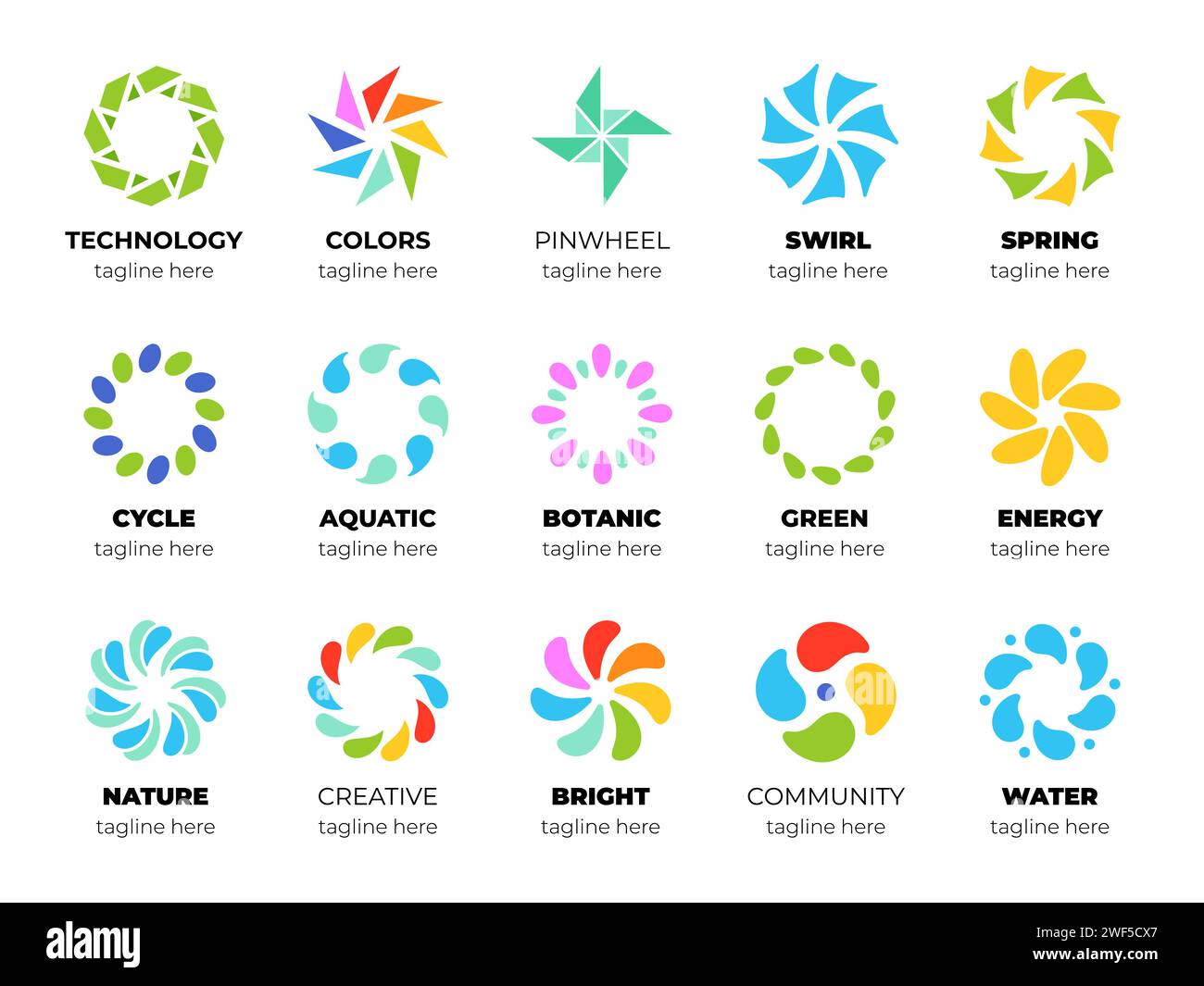 Modèles de logo Pinwheel. Signes simples circulaires, formes colorées pour les affaires, design abstrait, spinner arc-en-ciel, modèle de logotype de différentes entreprises Illustration de Vecteur