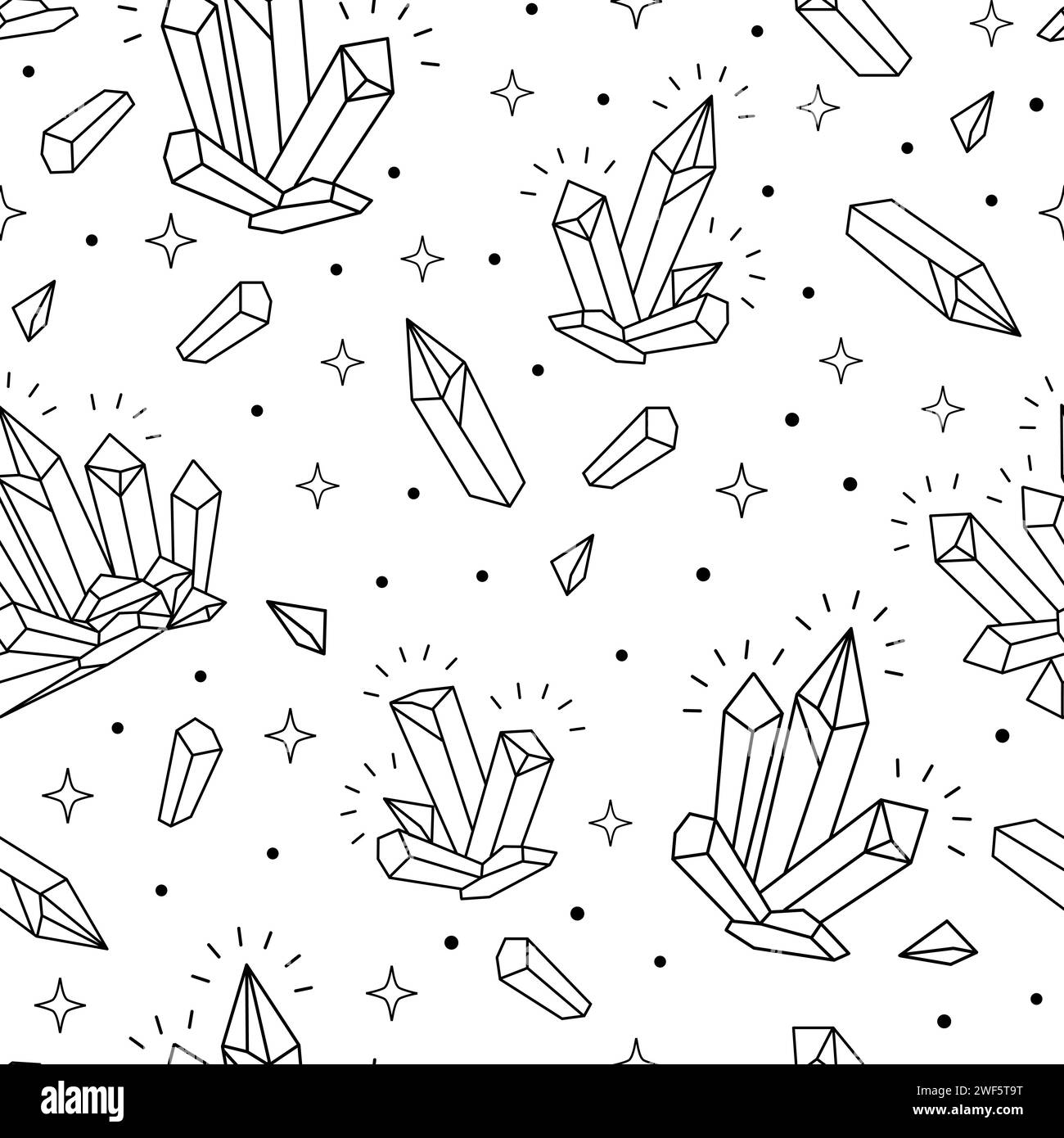 Motif sans couture magique avec des cristaux de contour noir et étincelle sur un fond blanc. Illustration vectorielle. Boho fond ésotérique mystique pour desig Illustration de Vecteur