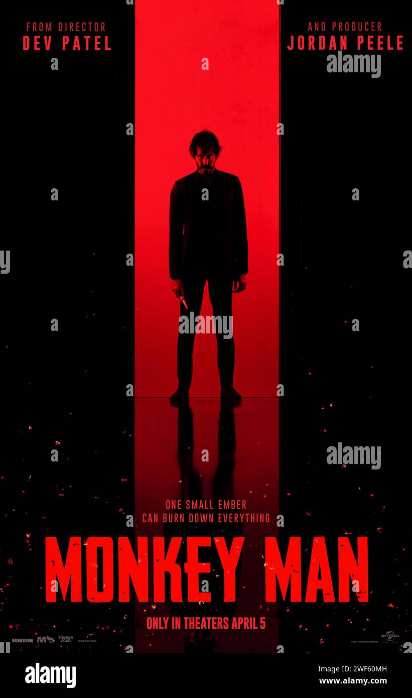 Monkey Man (2024) réalisé par Dev Patel et mettant en vedette Dev Patel, Sharlto Copley et Pitobash. Un jeune homme anonyme lance une campagne de vengeance contre les dirigeants corrompus qui ont assassiné sa mère et continuent de victimiser systématiquement les pauvres et les impuissants. Affiche US une feuille ***USAGE ÉDITORIAL SEULEMENT***. Crédit : BFA / Universal Pictures Banque D'Images