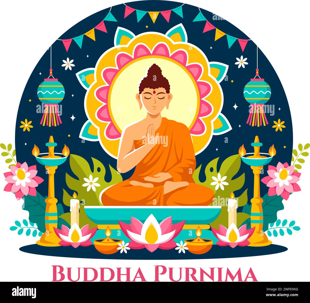 Joyeux Bouddha Purnima Vector Illustration du jour de Vesak ou du festival indien à spirituel avec dans une méditation profonde dans un fond de dessin animé plat Illustration de Vecteur