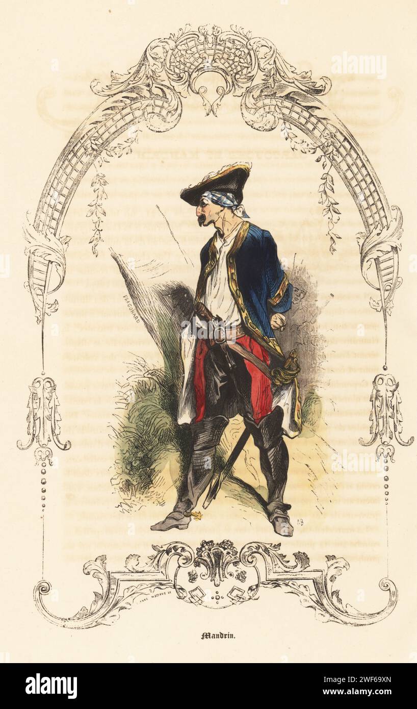 Le passeur français Louis mandrin, 1725-1755. Personnage de Robin des Bois qui s'est rebellé contre la ferme generale de l'ancien régime. En tricorne, manteau, culottes, bottes, armés de pistolet et d'épée. Gravure sur acier colorée à la main par AB d'après une illustration de Théophile Fragonard, au sein d'un cartouche décoratif d'Anne Modave, tiré d'autrefois ou le bon vieux temps d'Augustin Challamel, types de 18e siecle, Challamel et Cie, 1842. Banque D'Images