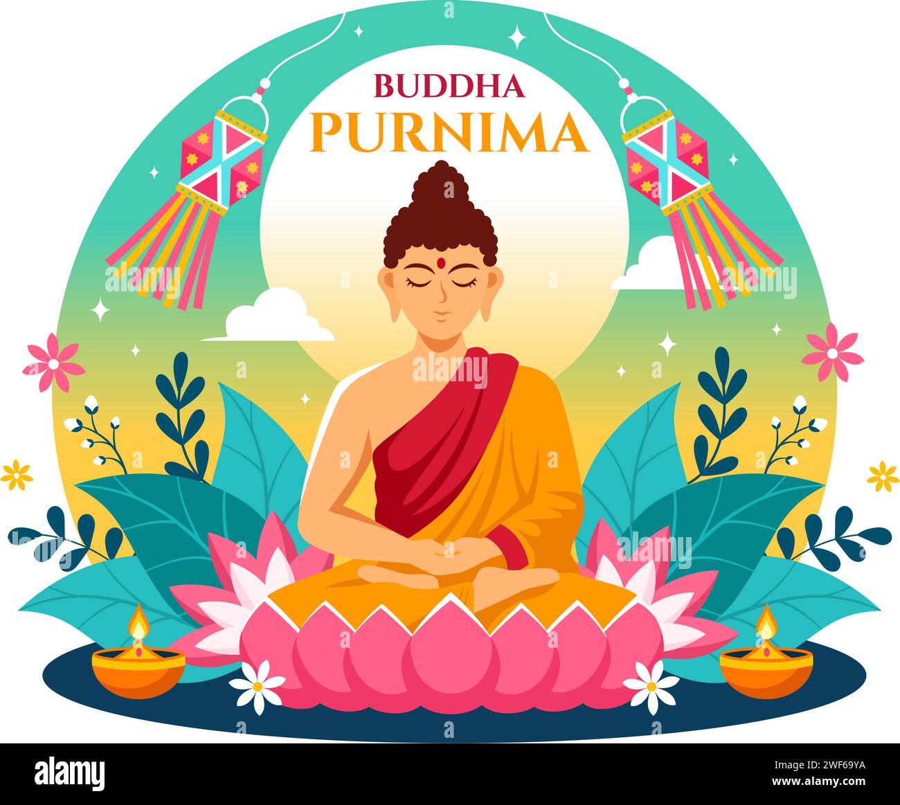 Joyeux Bouddha Purnima Vector Illustration du jour de Vesak ou du festival indien à spirituel avec dans une méditation profonde dans un fond de dessin animé plat Illustration de Vecteur