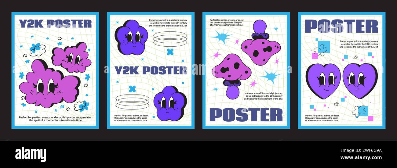 Affiches Groovy y2k Vibe avec emoji en forme de coeur, champignon et nuage. Illustration de dessin animé vectoriel de flyers futuristes rétro, smileys mignons avec des yeux, signes doodle sur fond filaire, art rétrowave Illustration de Vecteur