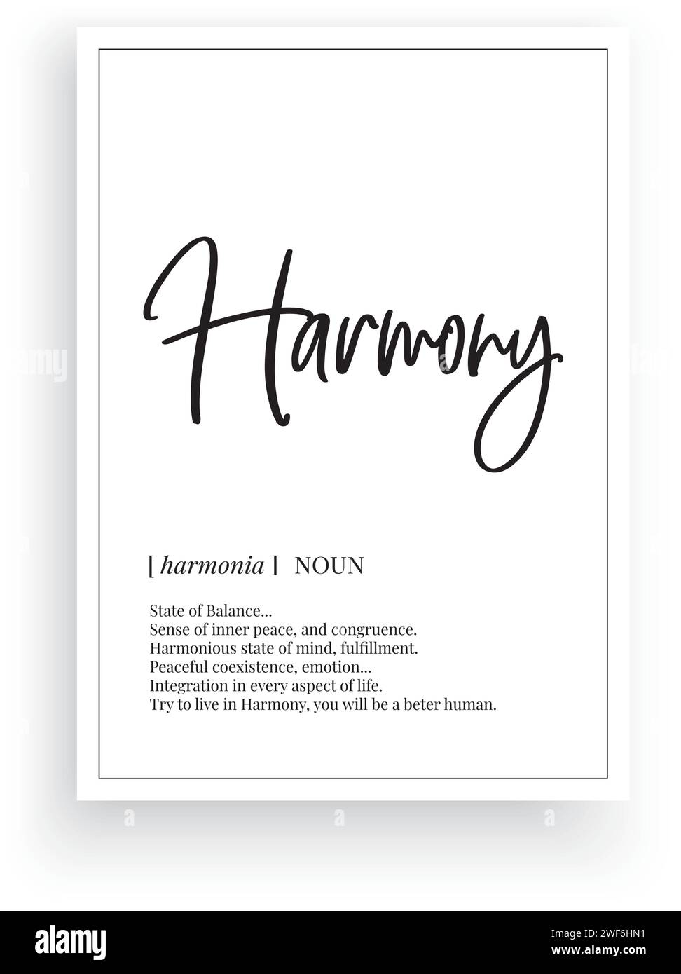 Définition de l'harmonie, vecteur. Affiche minimaliste. Autocollants muraux, description du nom. Libellé Design isolé sur fond blanc, lettrage. Art mural Illustration de Vecteur