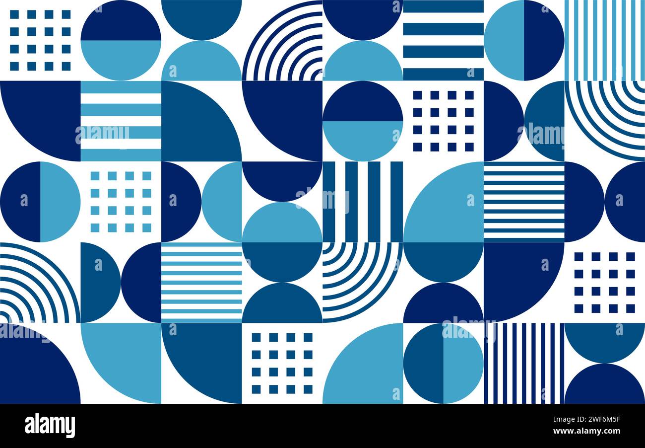 Fond de motif bauhaus géométrique abstrait moderne blanc, foncé et bleu clair. Vector Elegant Background entrelace les formes dans une danse moderne, créant une mosaïque sophistiquée et visuellement attrayante Illustration de Vecteur