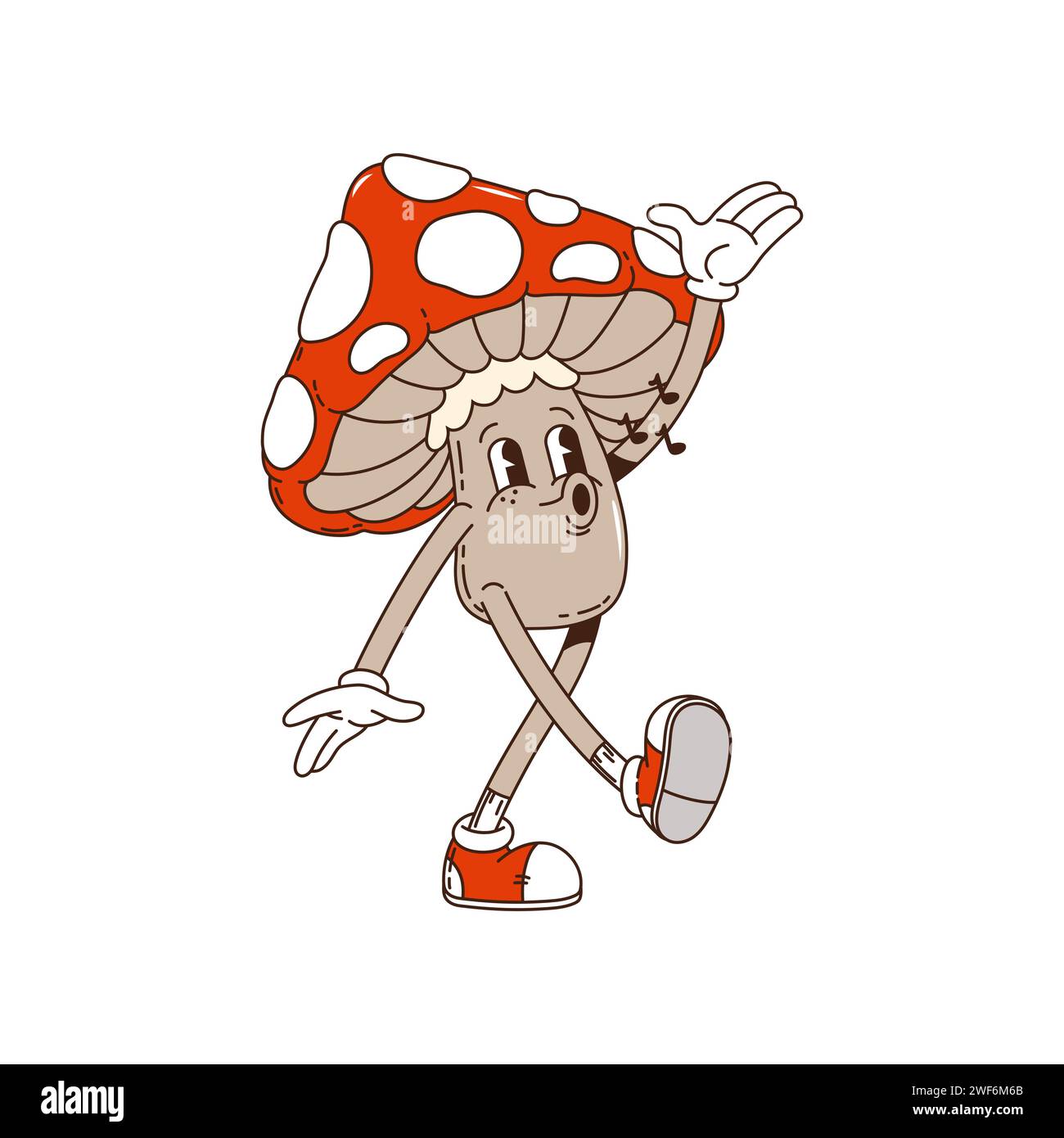 Groovy champignon dessin animé personnage sifflant chanson avec visage heureux, art rétro vectoriel Champignon groovy hippie chantant mélodie avec notes de chanson, dessin animé funky ou original Kawaii hippie amanita champignon Illustration de Vecteur