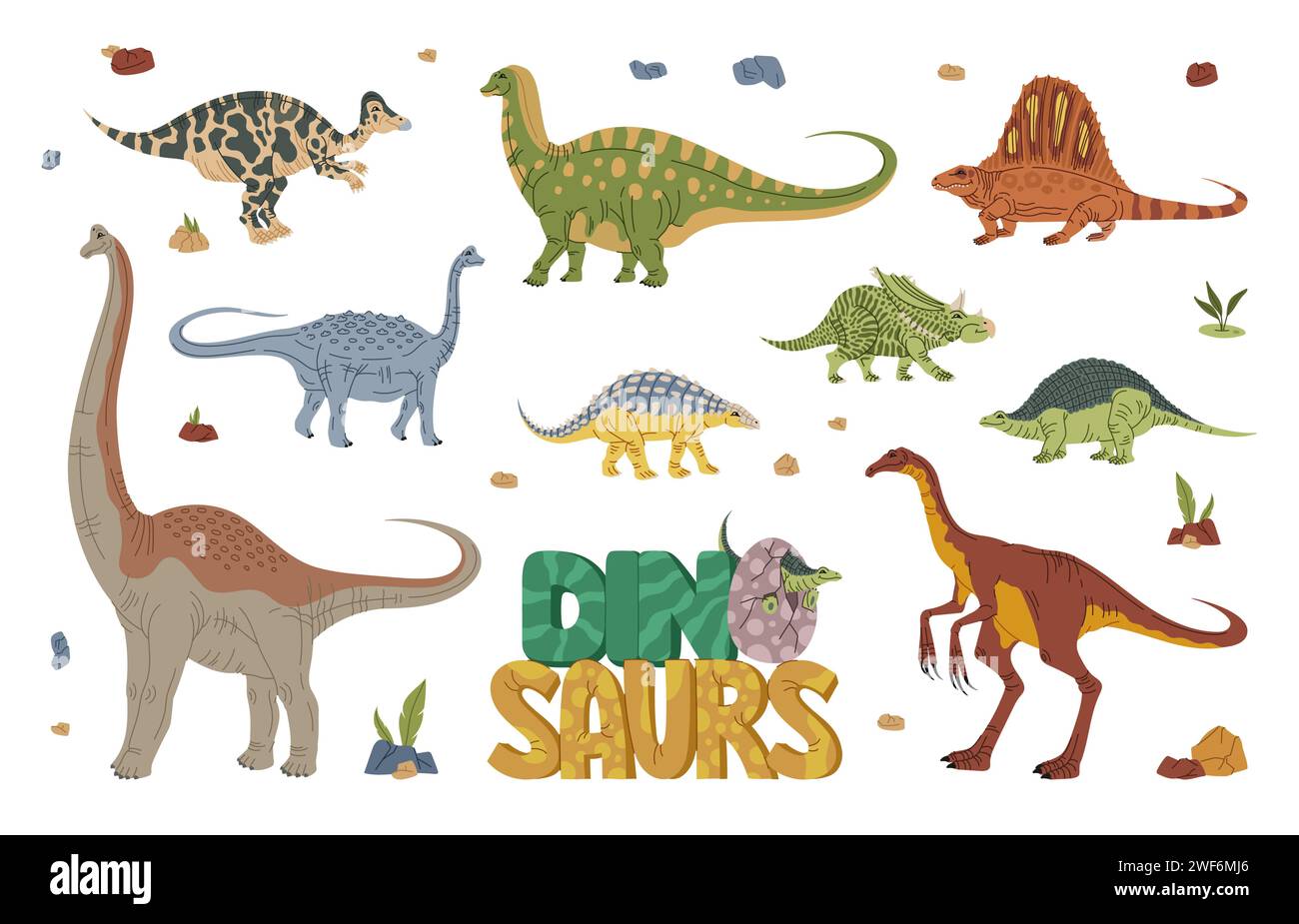 Dinosaures, personnages de dessins animés et reptiles Jurassiques pour la collection vectorielle de parc de dinosaures. Espèces drôles de dinosaures ou de dinosaures pour l'éducation préhistorique des enfants, reptiles éteints jeu du monde et lézards monstres Illustration de Vecteur