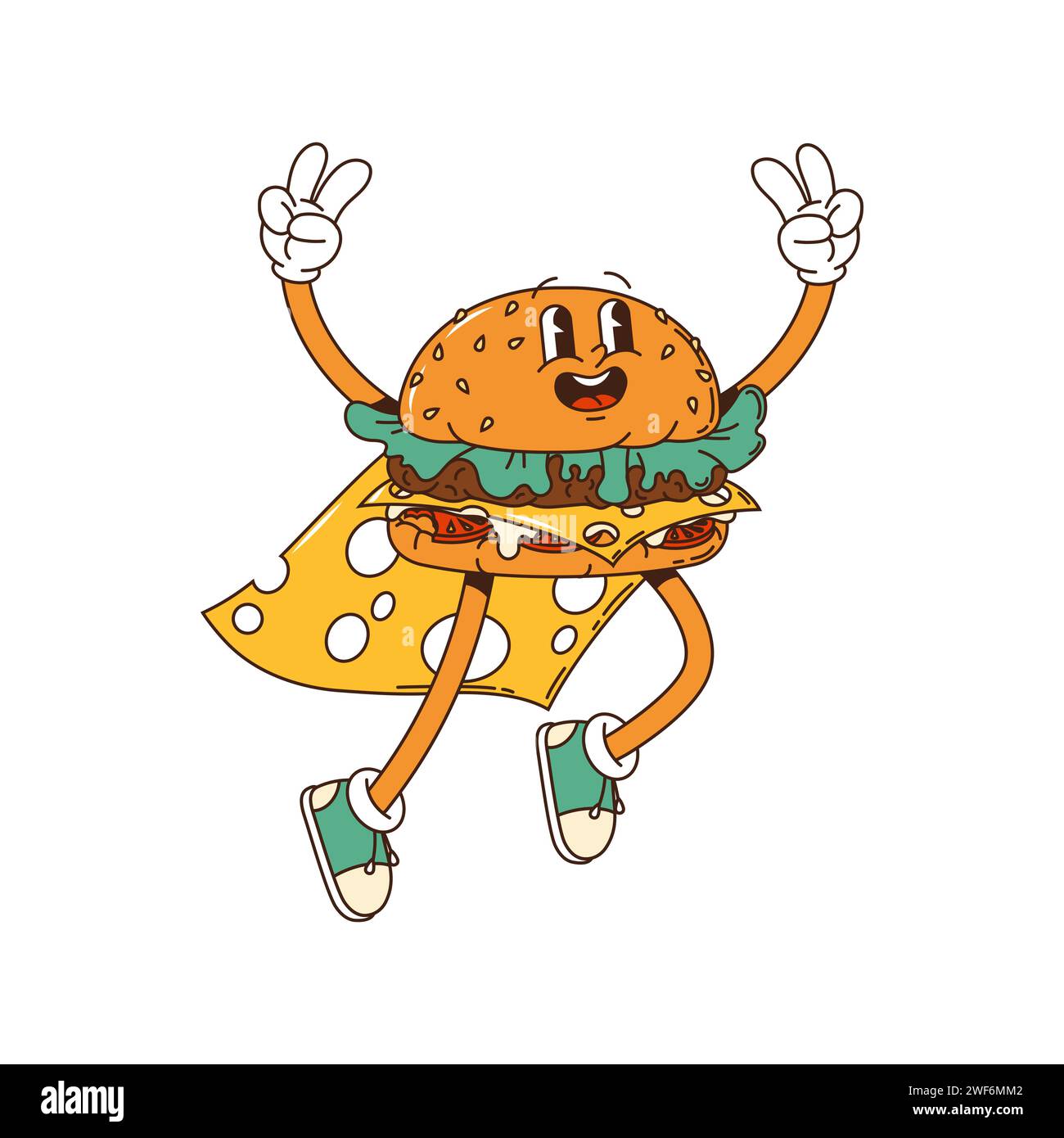 Personnage de dessin animé Groovy Burger, cheeseburger hippie avec visage heureux, fast-food vecteur. Super-héros groovy Burger dans le manteau de fromage, dessin animé funky cheeseburger sautant avec le geste des doigts de paix Illustration de Vecteur