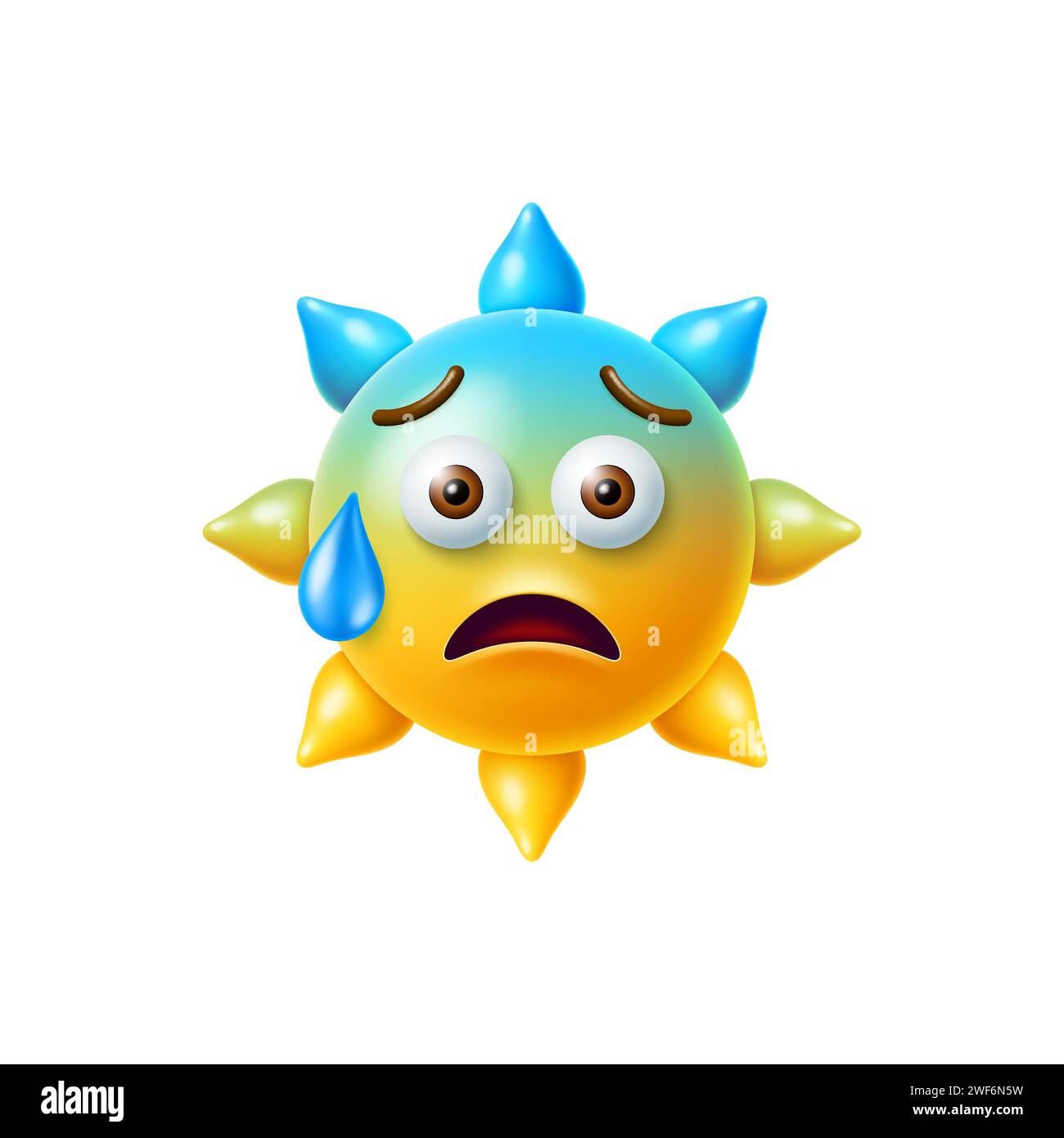 emoji soleil 3d avec visage anxieux et une perle de sueur, caractère jaune frais et mignon ensoleillé capturant le mélange de chaleur, de choc et de nervosité. Vecteur isolé émoticône effrayé ou malheureux pour le chat d'application Illustration de Vecteur