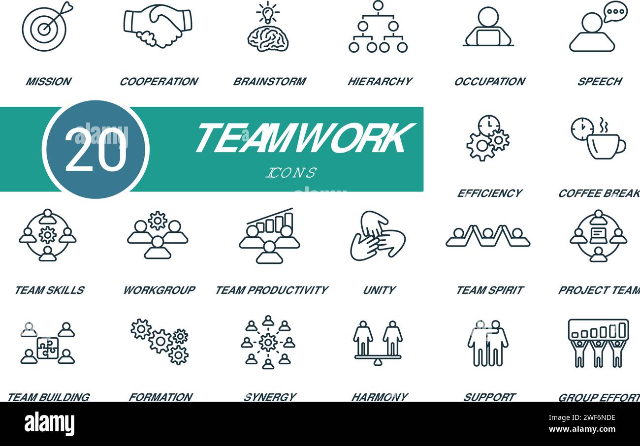 Ensemble d'icônes de contour de travail d'équipe. Icônes créatives : mission, coopération, brainstorming, hiérarchie, occupation, discours, efficacité, pause café et plus encore Illustration de Vecteur