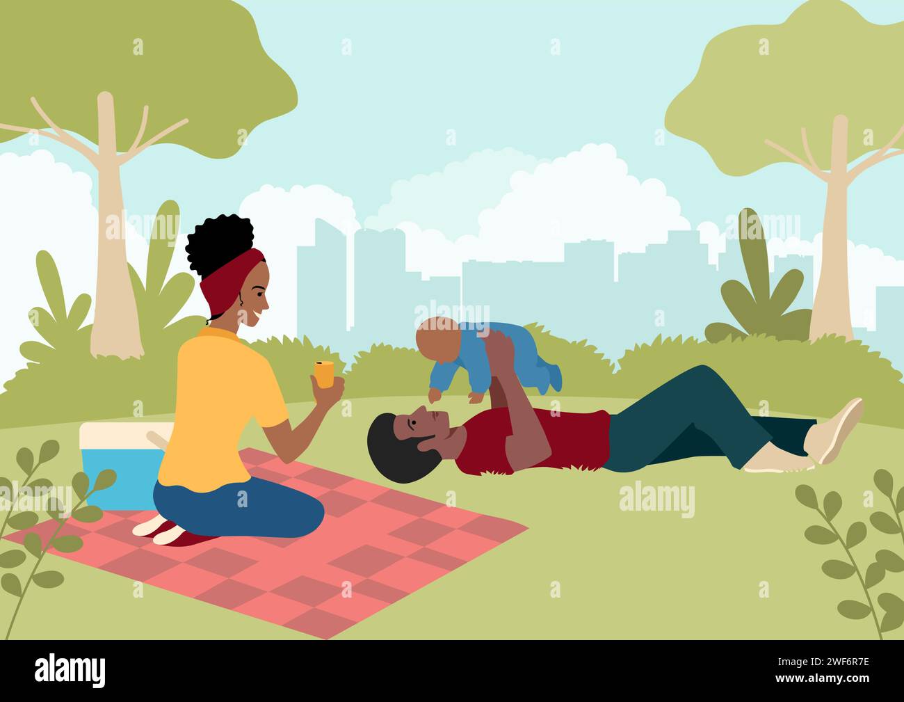 Illustration vectorielle plate simple de famille noire heureuse jouant avec leur bébé dans le parc de la ville Illustration de Vecteur