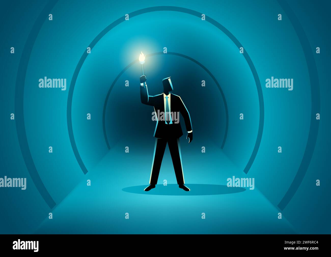 Concept d'entreprise de l'homme d'affaires marchant dans le tunnel sombre tenant une torche, illustration vectorielle Illustration de Vecteur